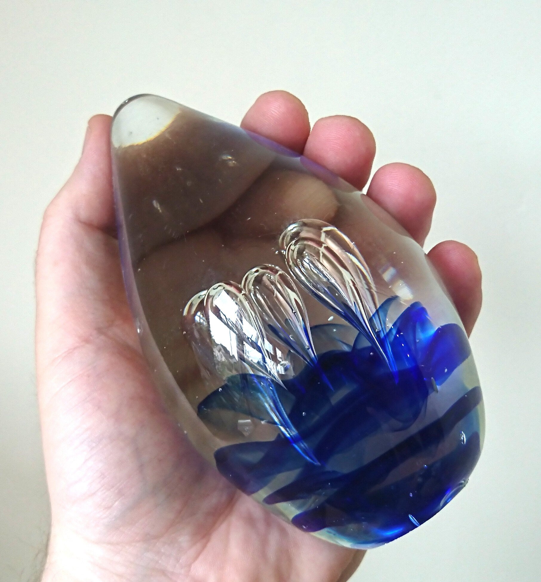 Vintage Oval Paperweight Blue Droplet Swirl Spiral Clear Glass Collectable Glass Art Office Decor