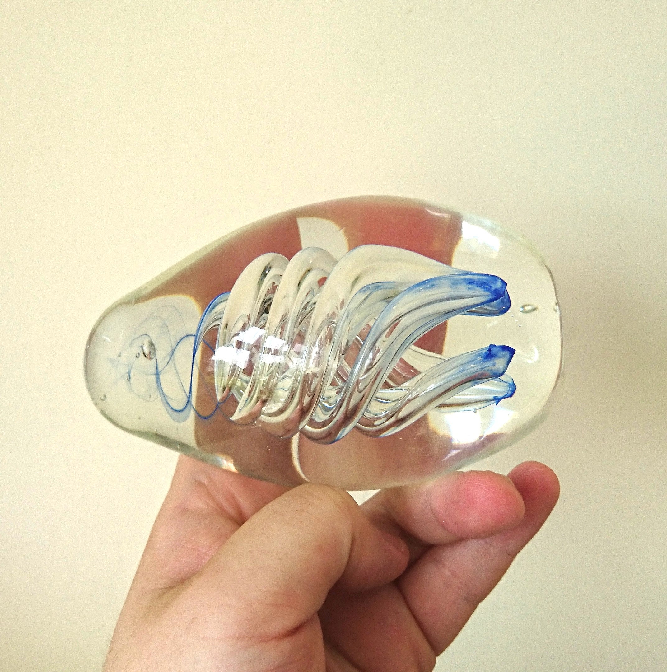 Vintage Oval Paperweight Blue Swirl Spiral Clear Glass Collectable Glass Art Office Decor