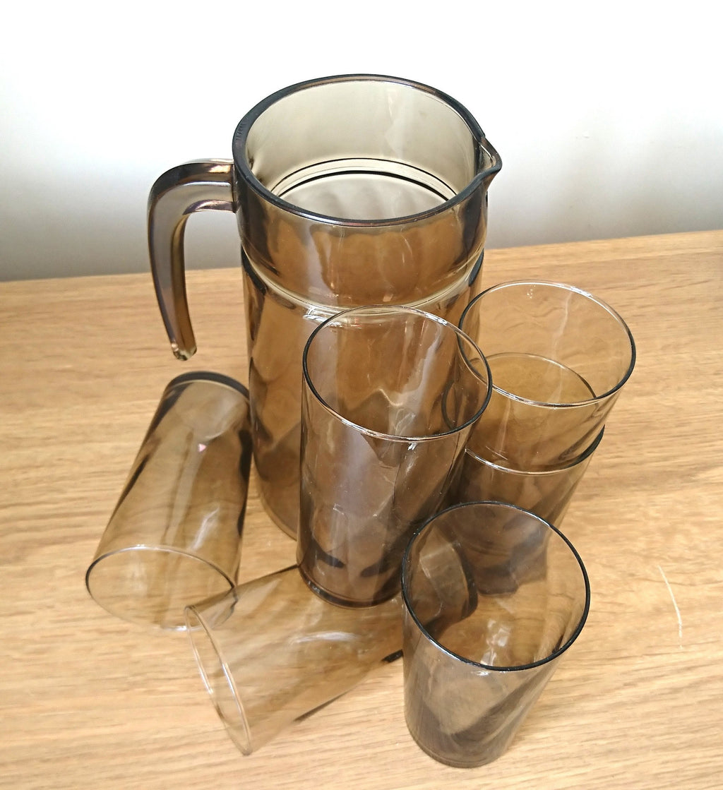Vintage Gray Glass Pitcher Set, 1970s Retro Barware, Mid-Century Modern