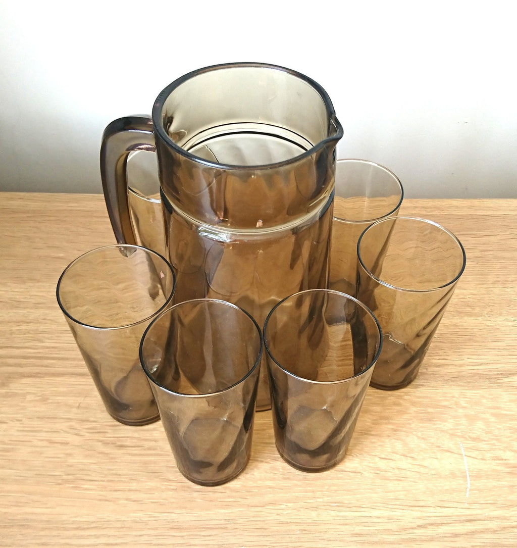 Vintage Gray Glass Pitcher Set, 1970s Retro Barware, Mid-Century Modern