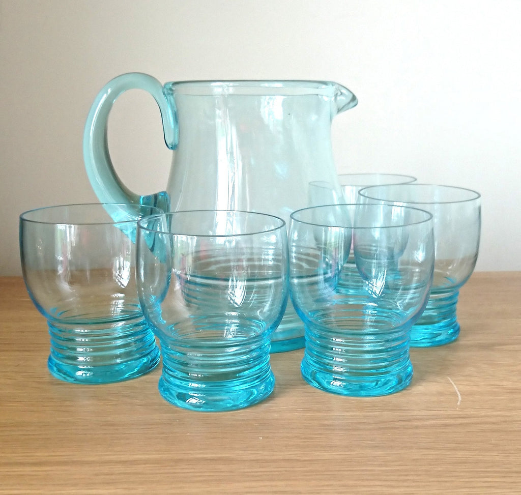 Vintage Blue Glass Pitcher Set, 1970s Retro Barware, Mid Century Modern, 6-Piece