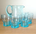Vintage Blue Glass Pitcher Set, 1970s Retro Barware, Mid Century Modern, 6-Piece