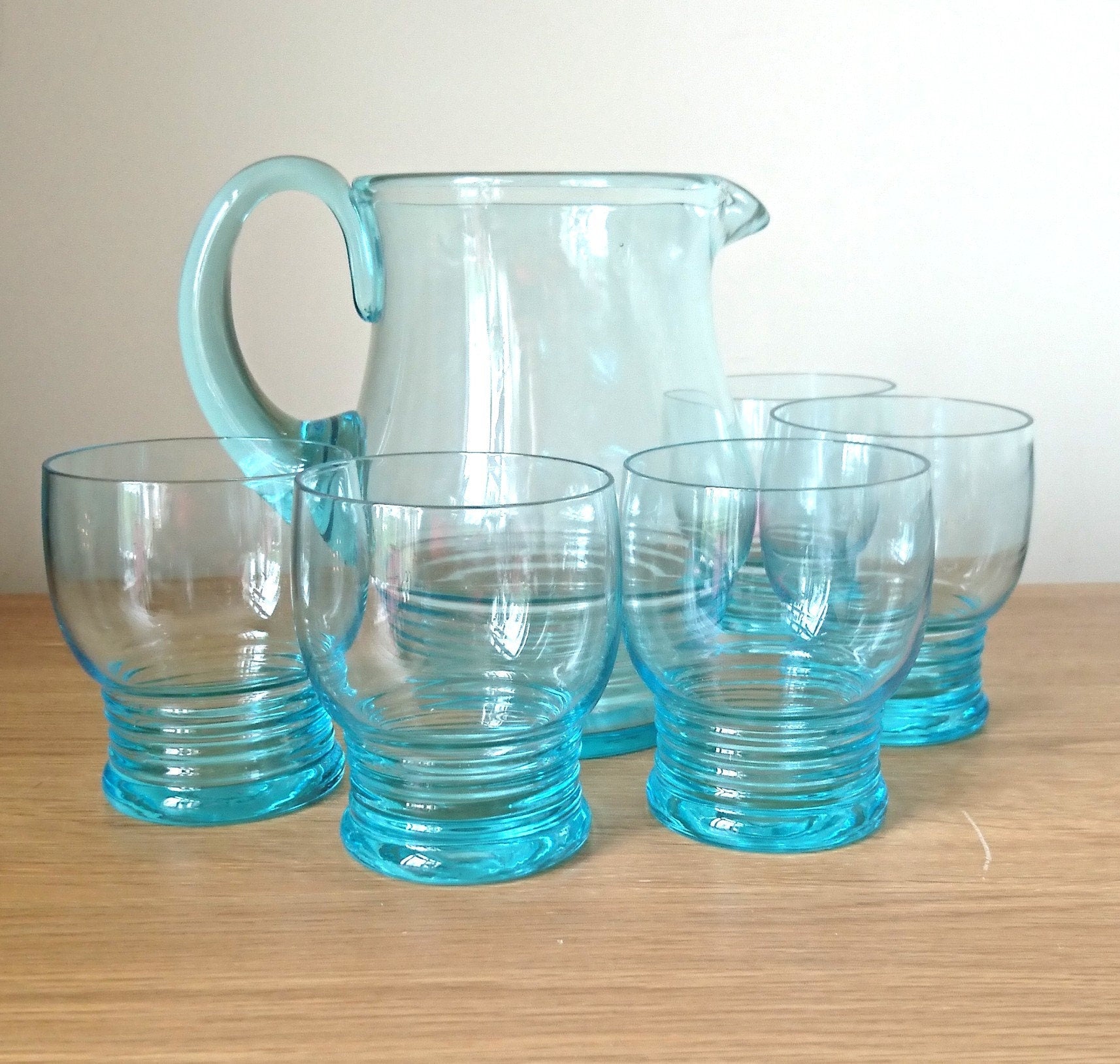 Vintage Blue Glass Pitcher Set, 1970s Retro Barware, Mid Century Modern, 6-Piece