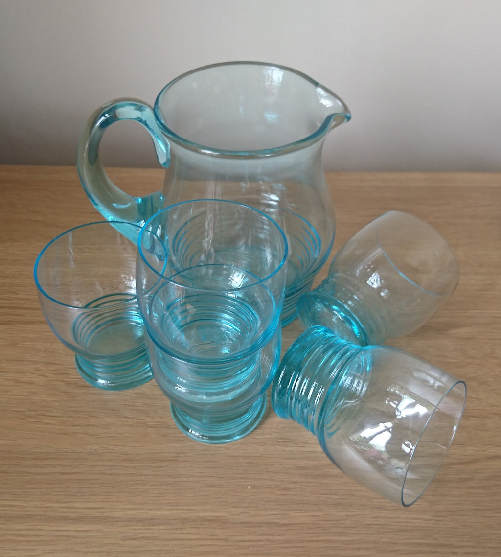 Vintage Blue Glass Pitcher Set, 1970s Retro Barware, Mid Century Modern, 6-Piece