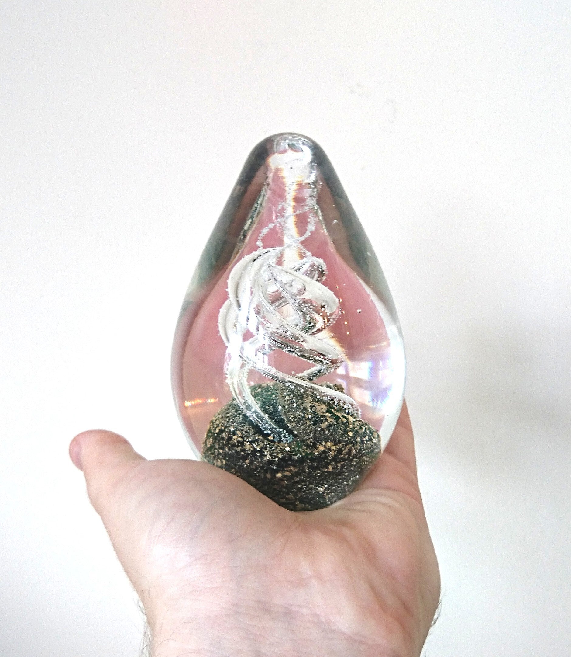 Vintage Oval Paperweight Green Swirl Spiral Clear Glass Collectable Glass Art Office Decor