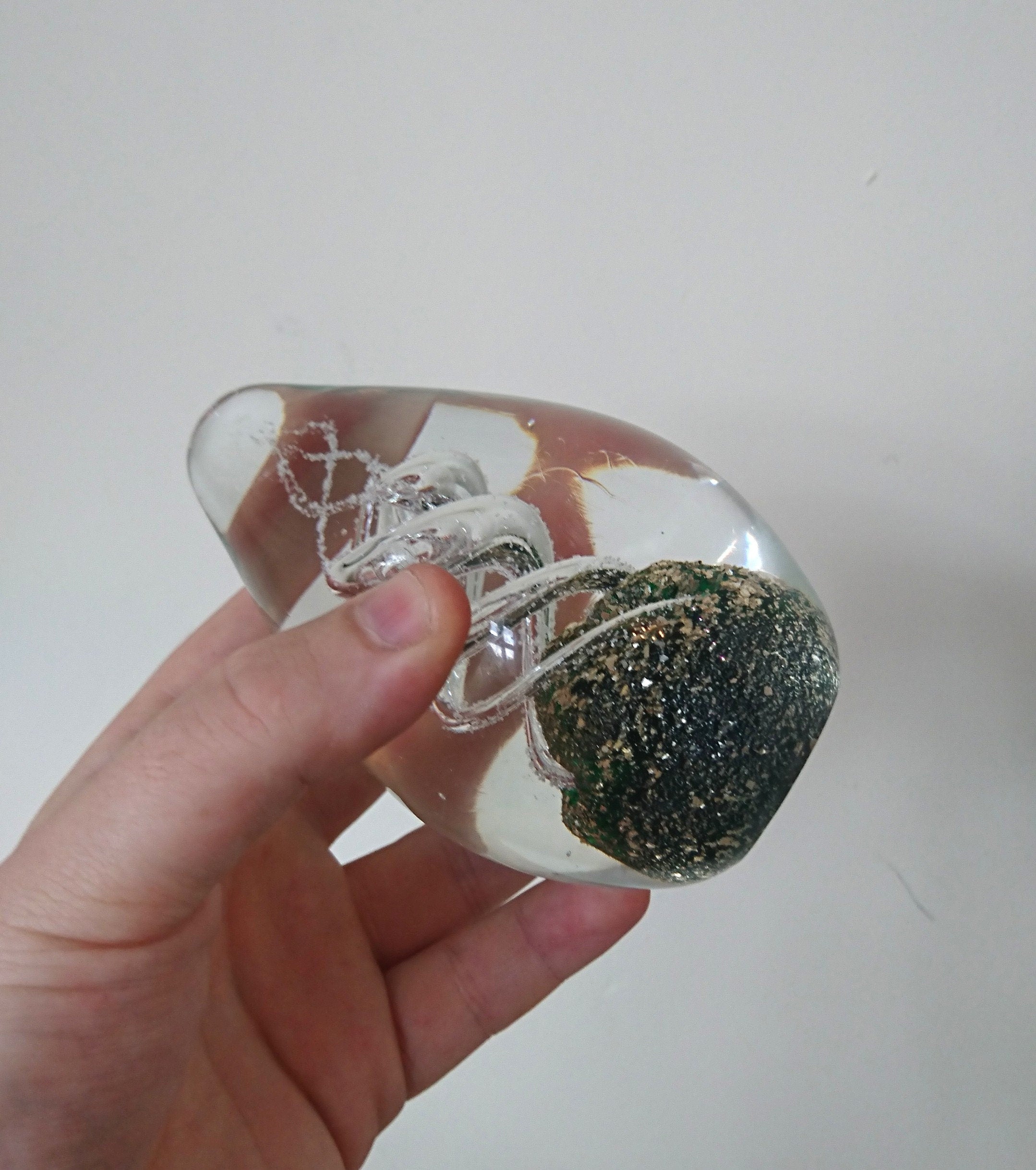 Vintage Oval Paperweight Green Swirl Spiral Clear Glass Collectable Glass Art Office Decor