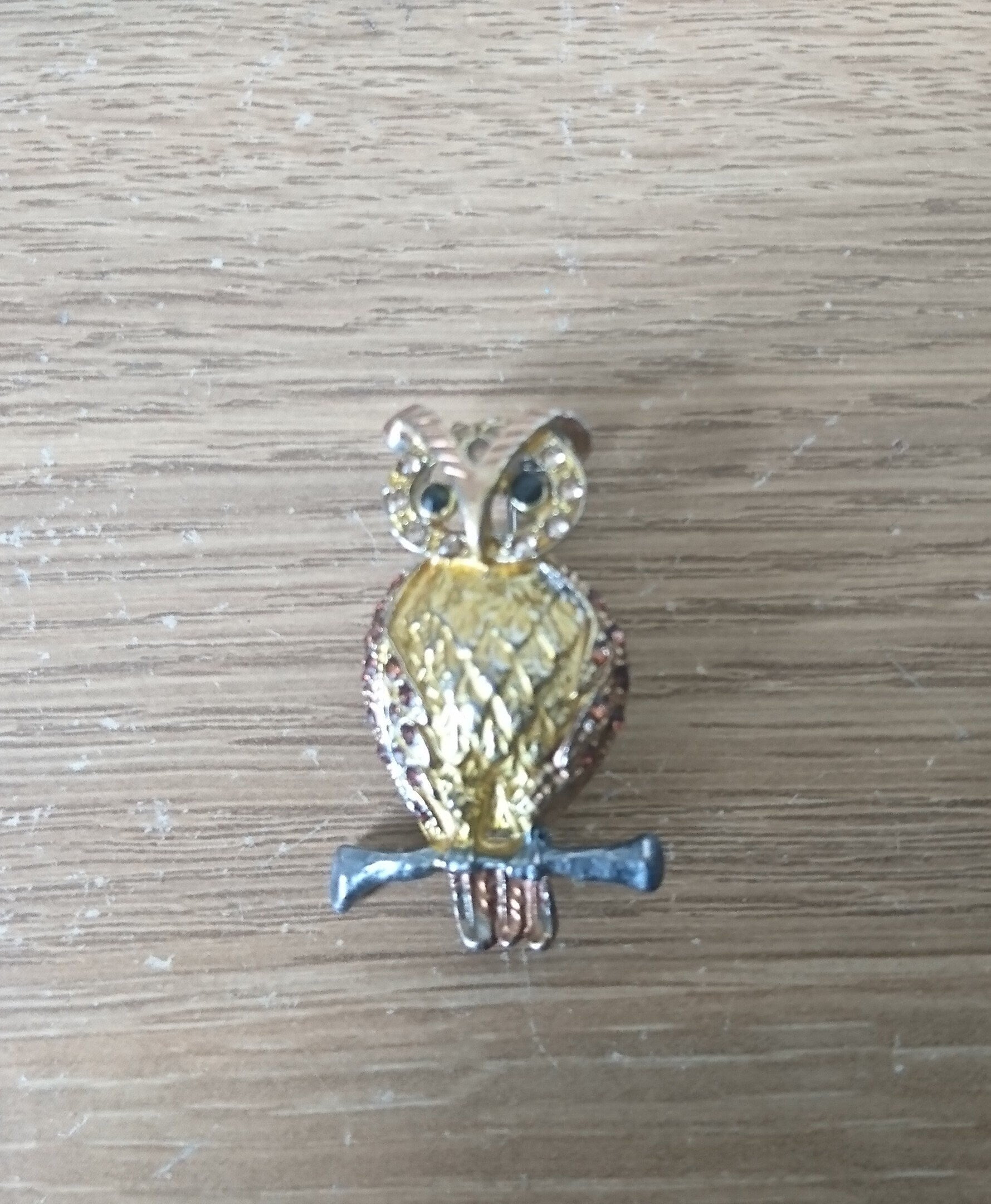 Vintage Gold Owl Brooch Amber Rhinestone Costume Jewellery Jewelry Vintage Bird Pin