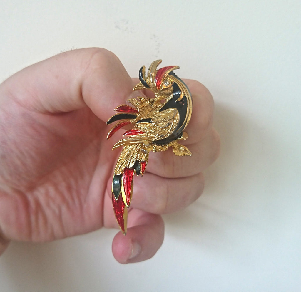 Vintage cockerial Brooch Bird Pin Enamel Gold Tone Costume Jewellery Jewelry