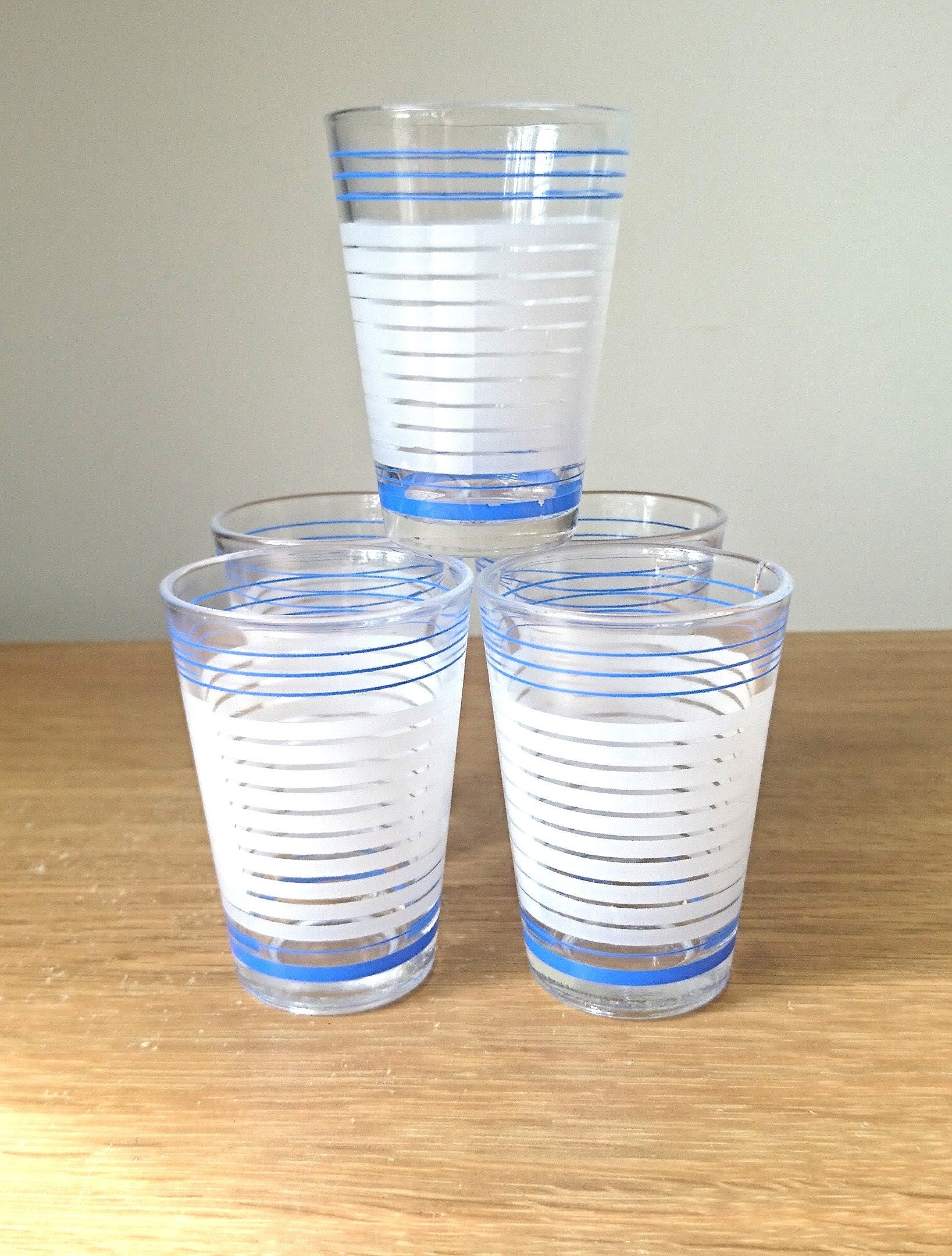 Vintage Shot Glasses Set: Blue & White Stripe Retro Barware