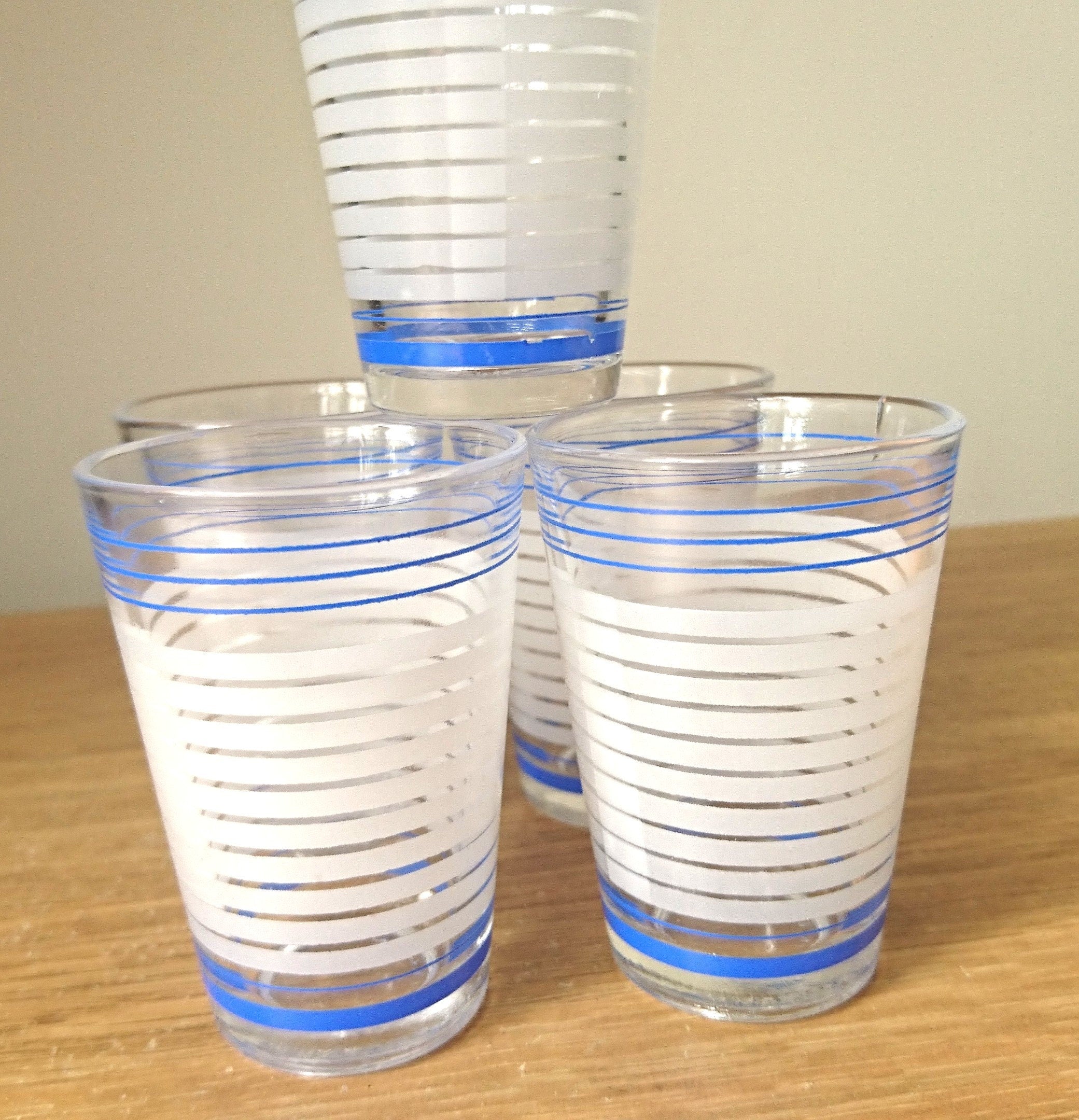 Vintage Shot Glasses Set: Blue & White Stripe Retro Barware