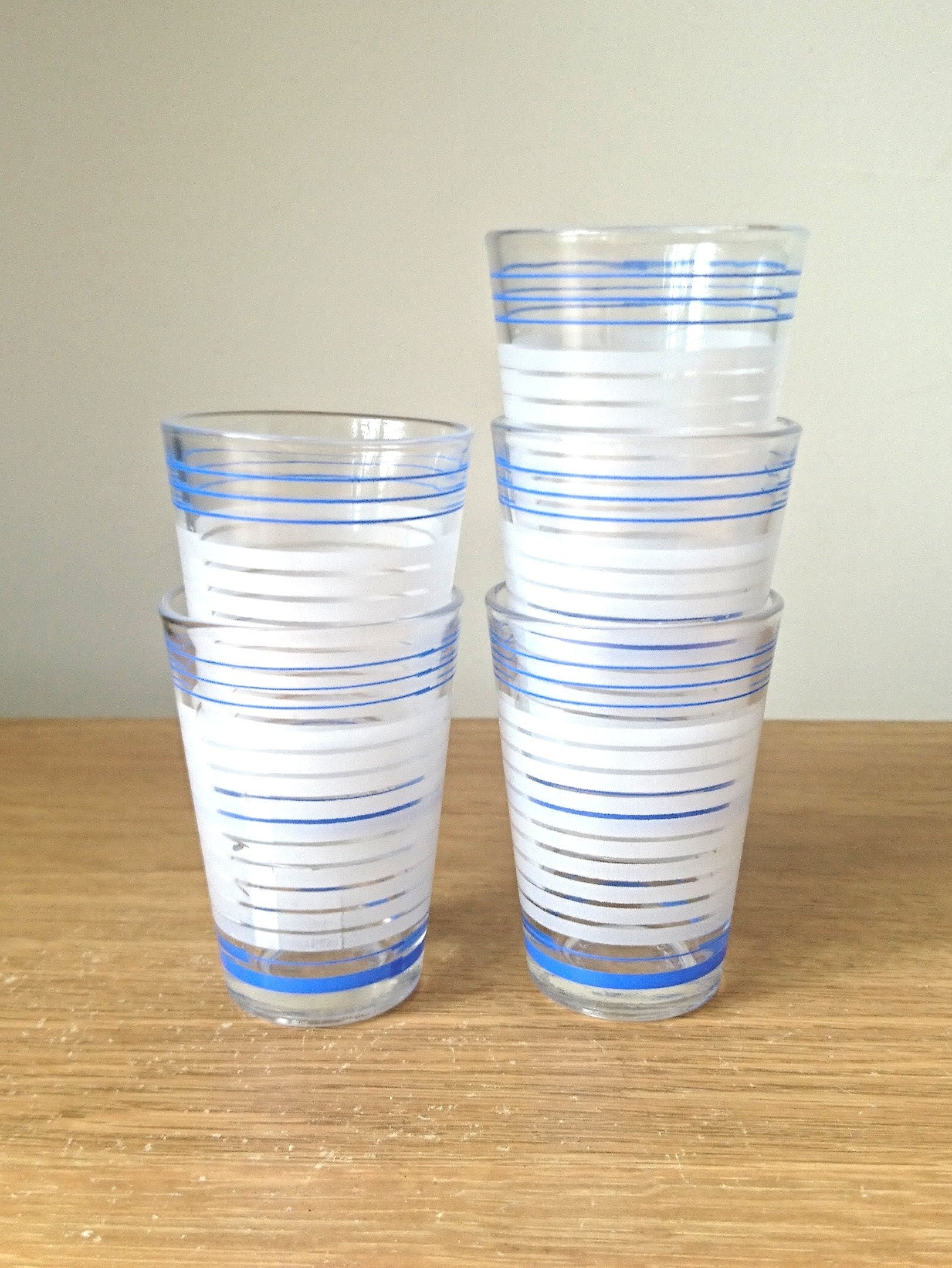 Vintage Shot Glasses Set: Blue & White Stripe Retro Barware
