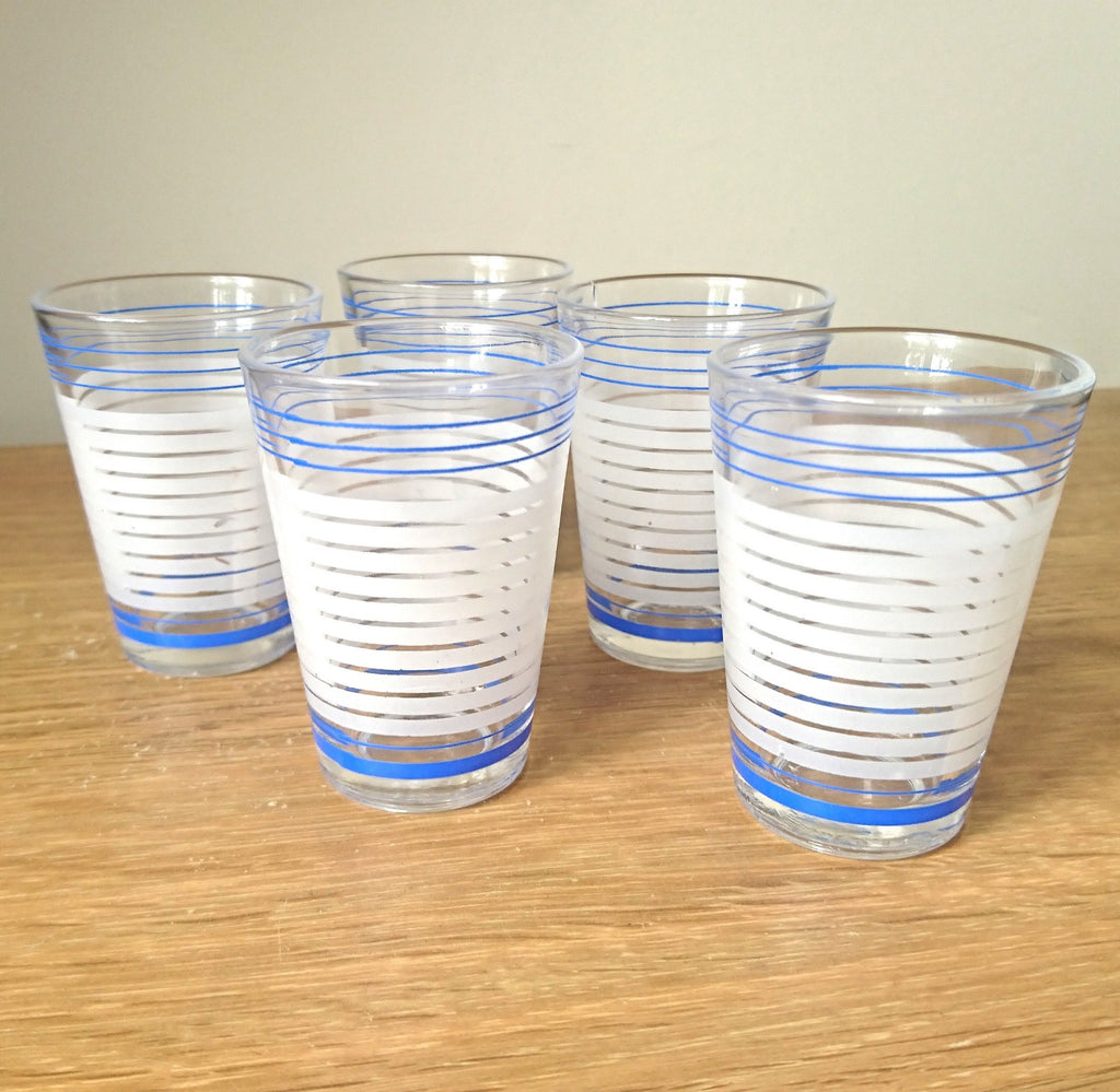 Vintage Shot Glasses Set: Blue & White Stripe Retro Barware