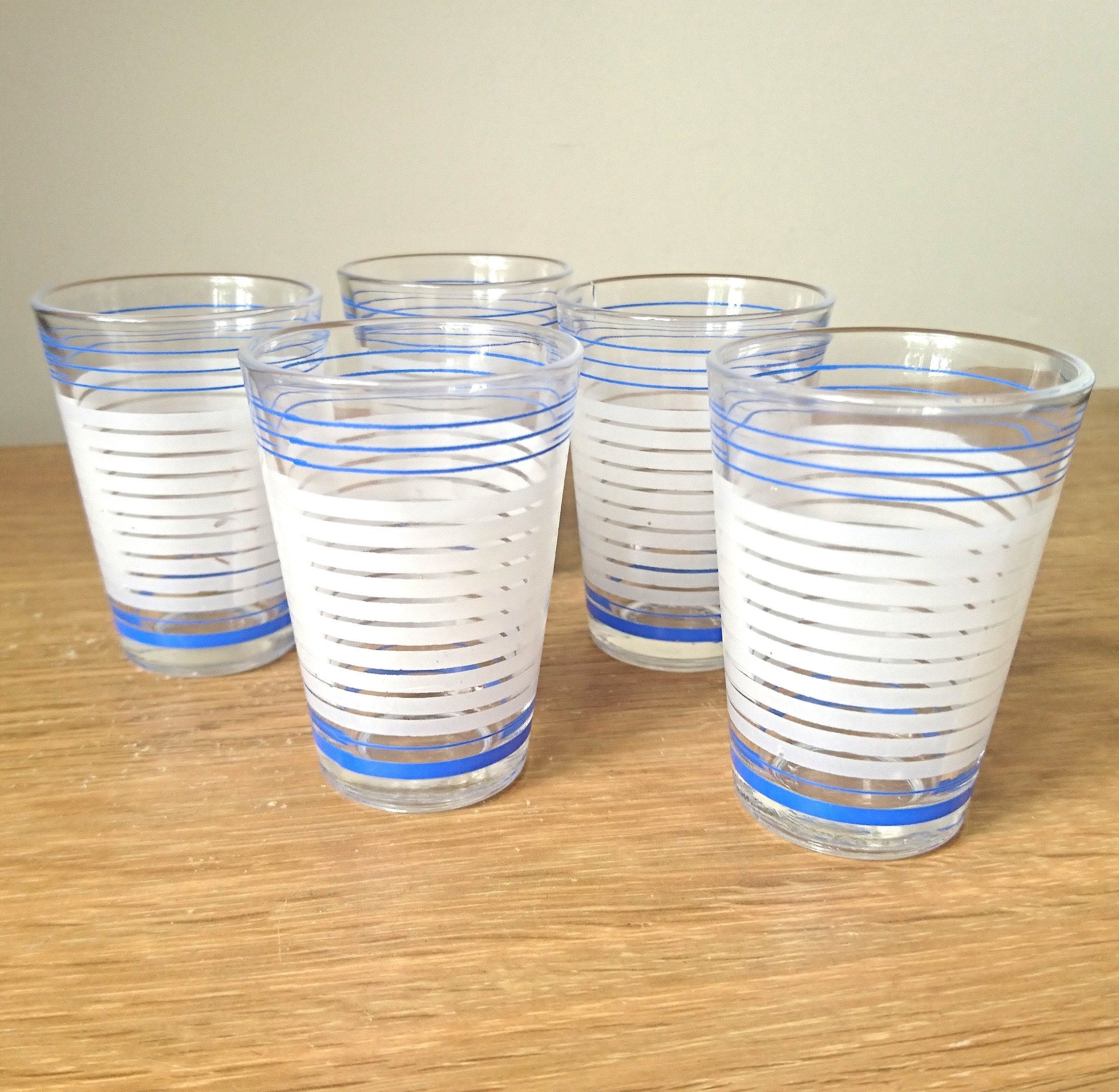 Vintage Shot Glasses Set: Blue & White Stripe Retro Barware