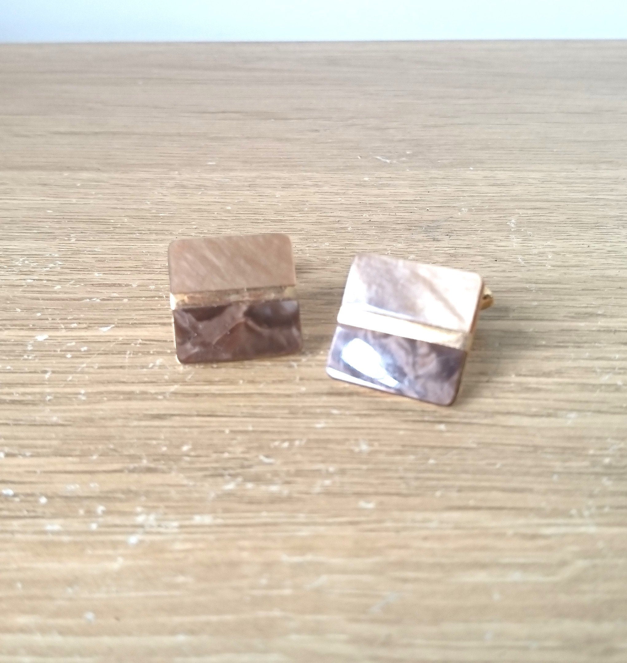 Vintage Cufflinks Square Gold Tone Brown Retro Cuff Links Jewellery Mens Accessory