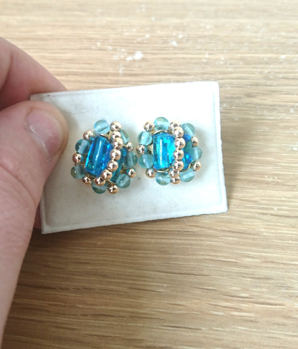 Vintage Blue Stud Earrings Costume Jewellery Jewelry Sapphire Blue Glass Silver Beads