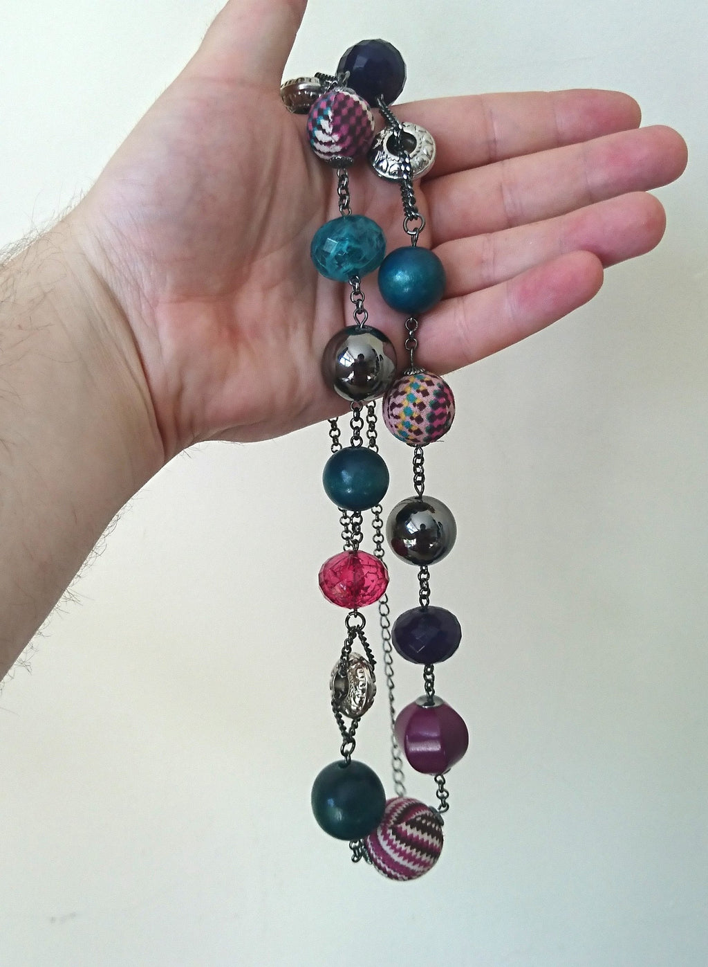 Vintage Necklace Fabric Beaded Long Retro 1990's Plastic, Wooden Costume Jewellery Jewelry
