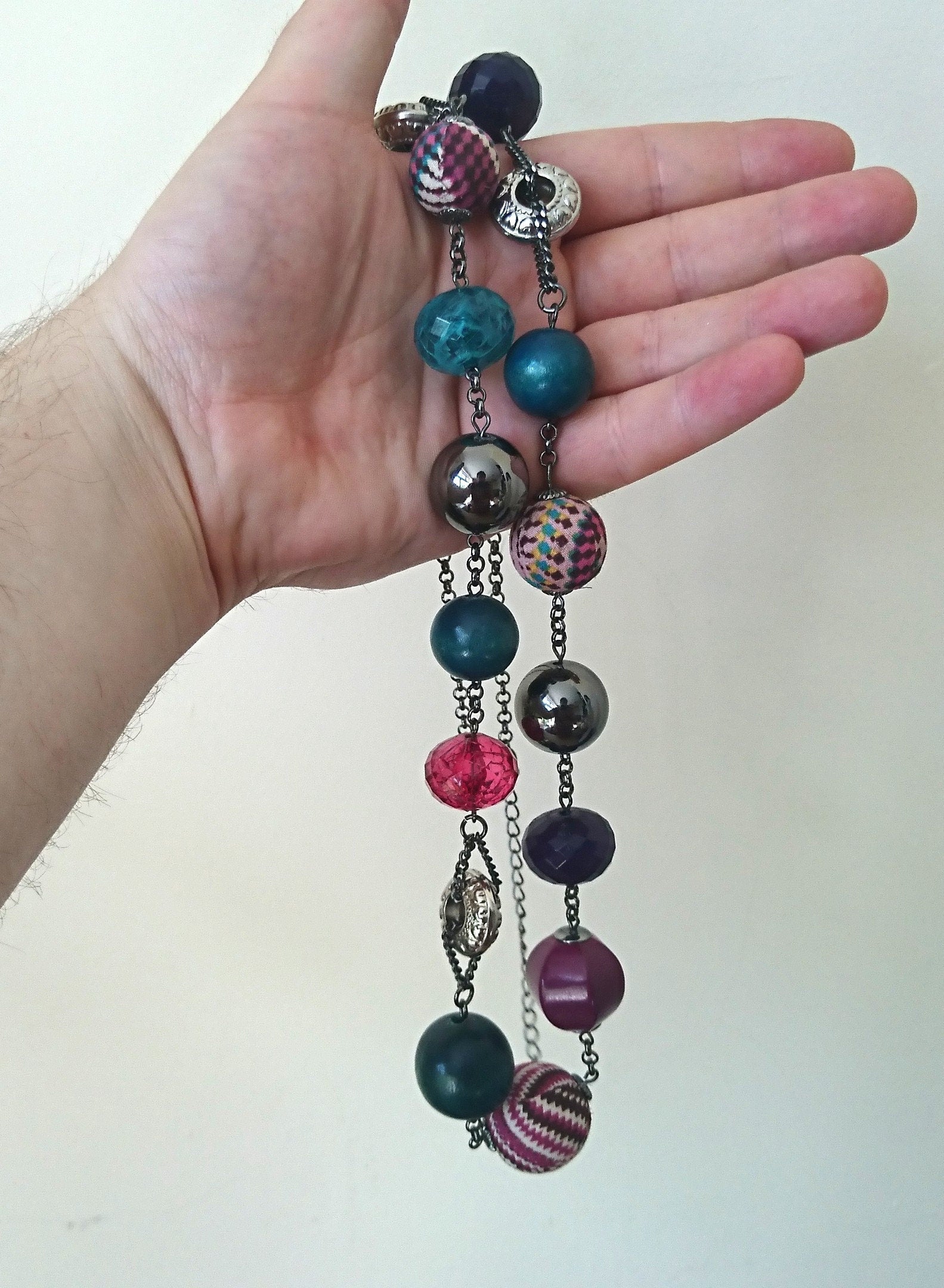 Vintage Necklace Fabric Beaded Long Retro 1990's Plastic, Wooden Costume Jewellery Jewelry