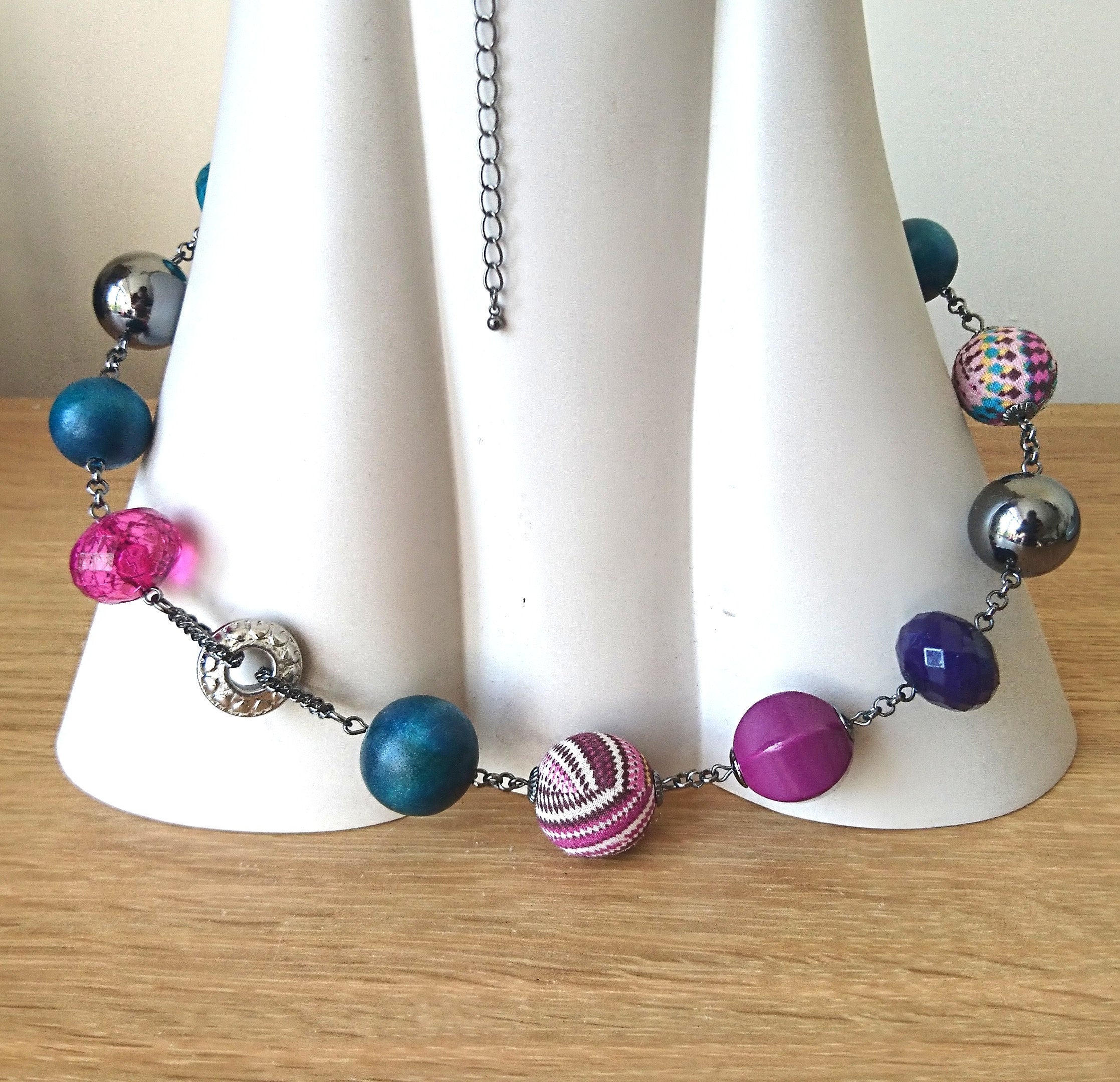 Vintage Necklace Fabric Beaded Long Retro 1990's Plastic, Wooden Costume Jewellery Jewelry