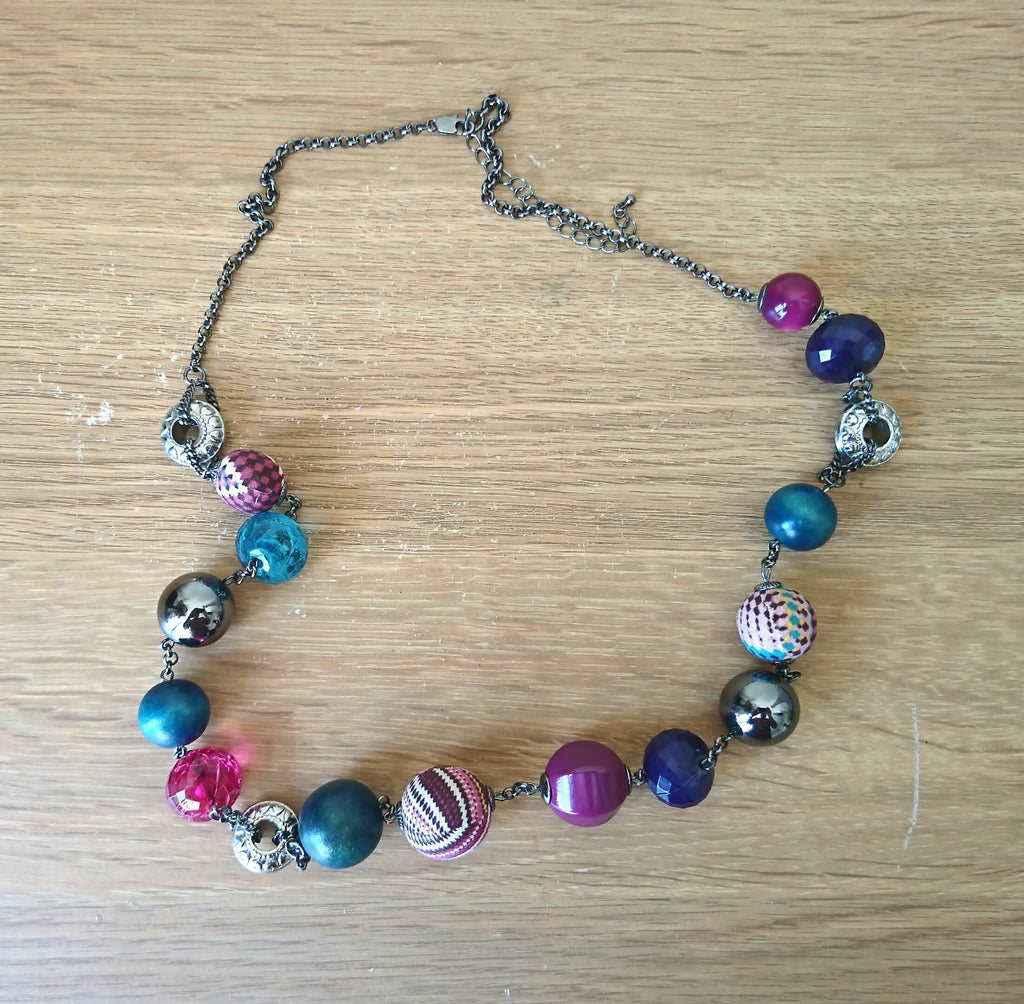 Vintage Necklace Fabric Beaded Long Retro 1990's Plastic, Wooden Costume Jewellery Jewelry