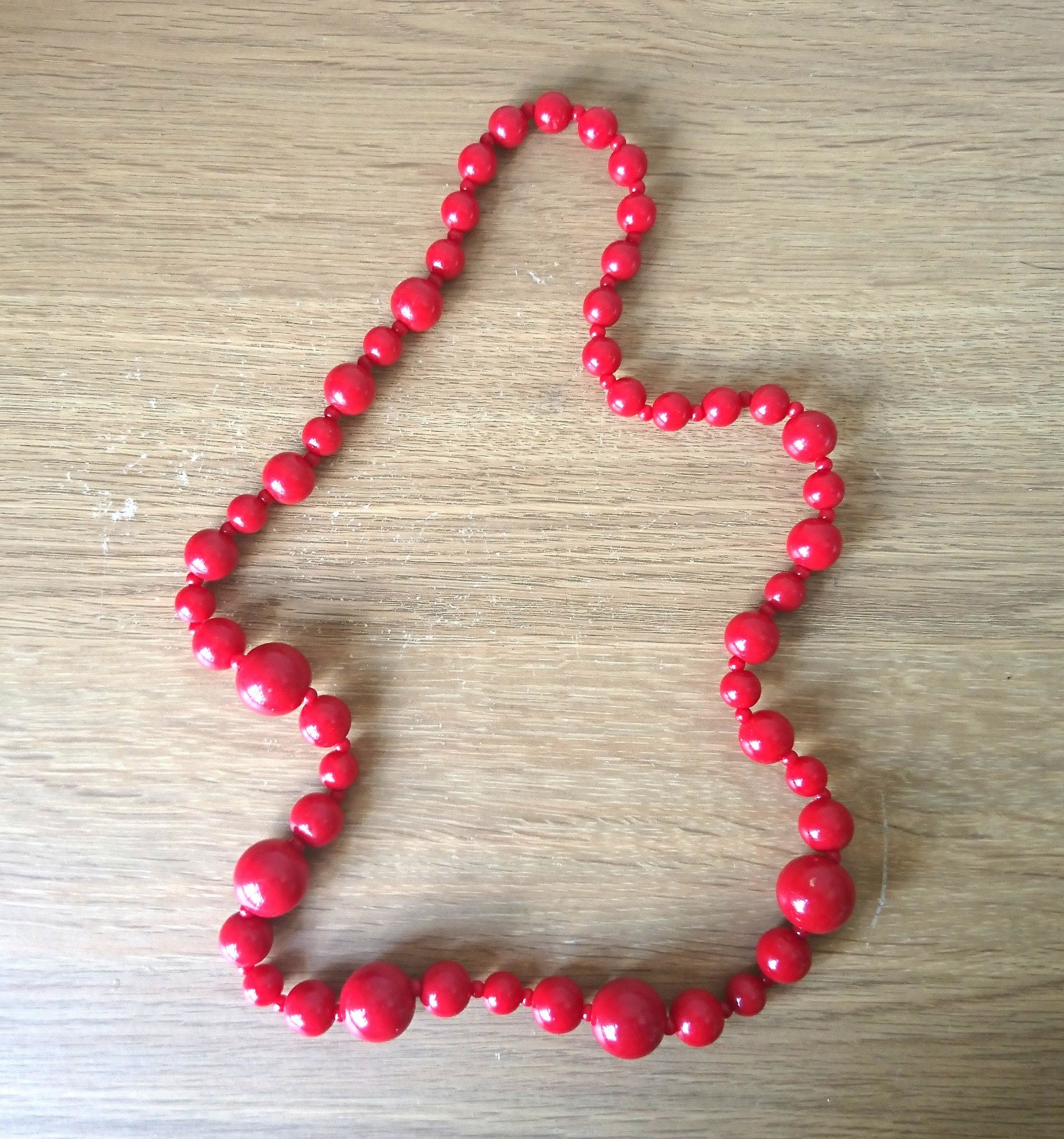 Vintage Red Cherry Bead Necklace, Long Retro Costume Jewelry