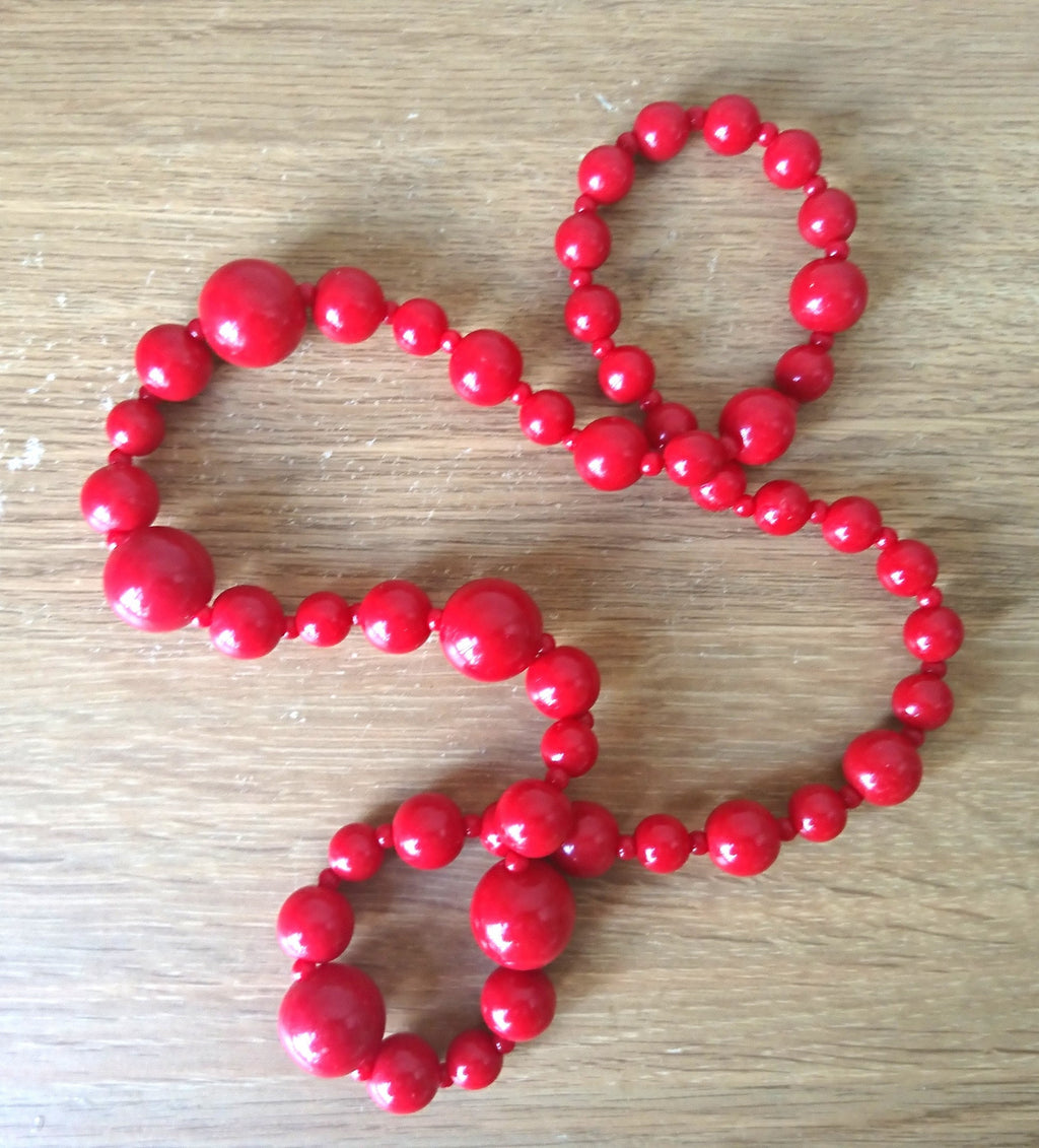 Vintage Red Cherry Bead Necklace, Long Retro Costume Jewelry