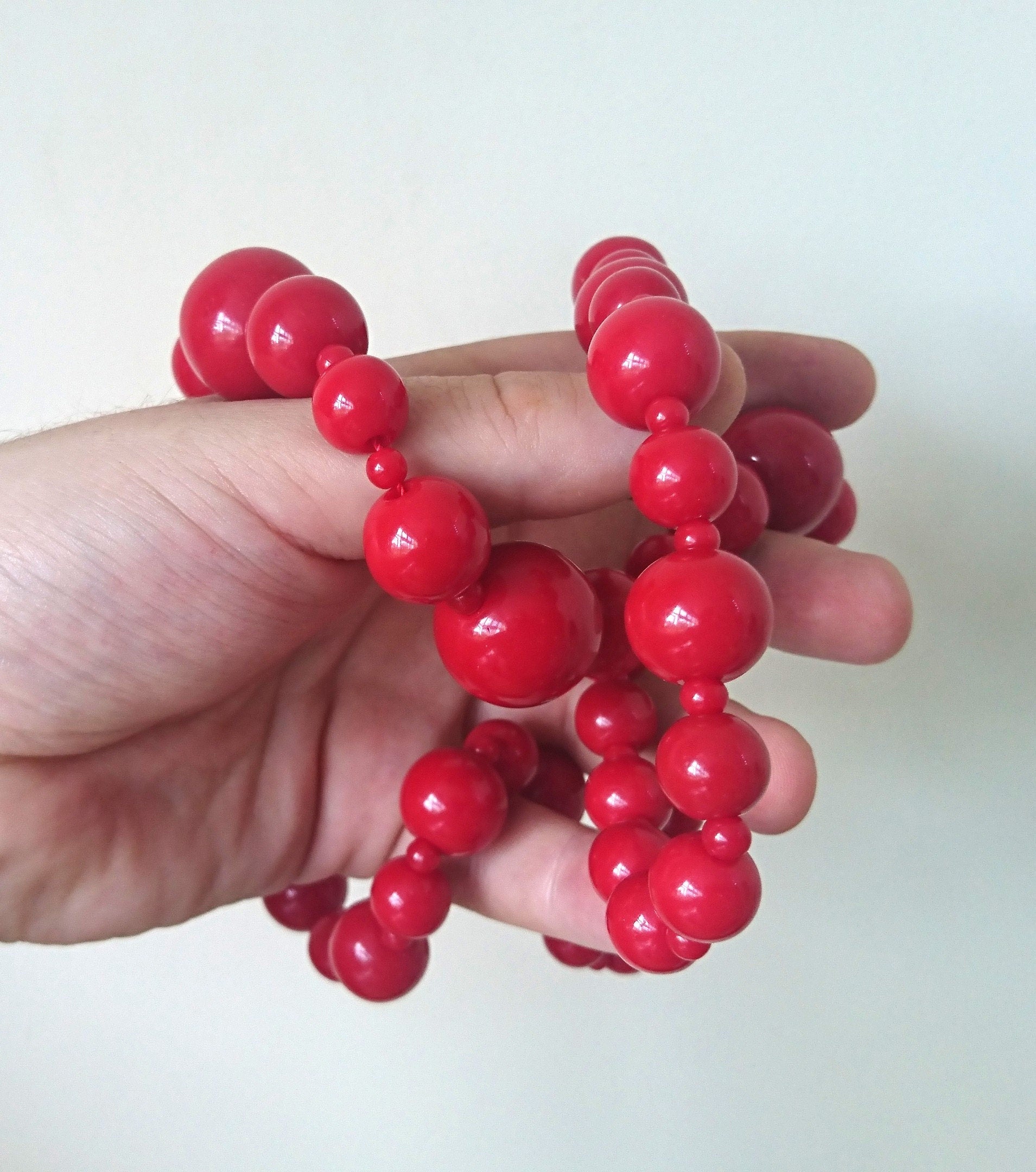 Vintage Red Cherry Bead Necklace, Long Retro Costume Jewelry