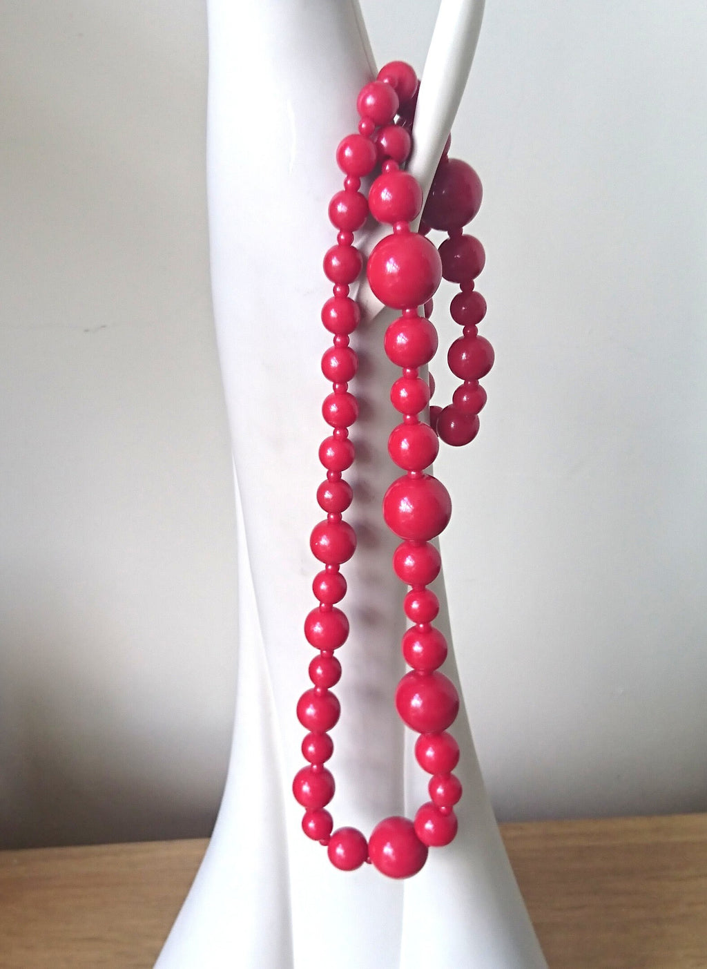 Vintage Red Cherry Bead Necklace, Long Retro Costume Jewelry