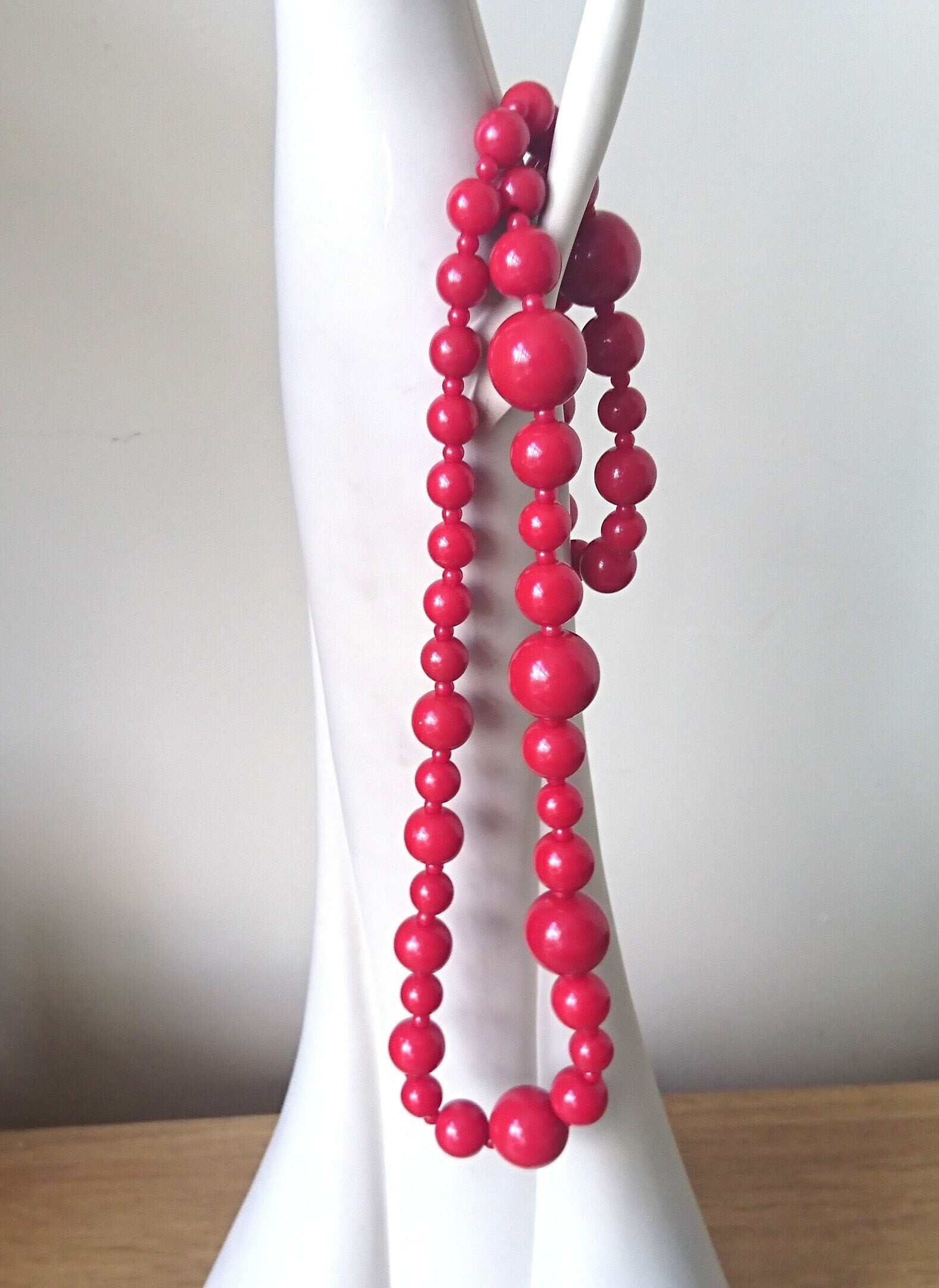 Vintage Red Cherry Bead Necklace, Long Retro Costume Jewelry