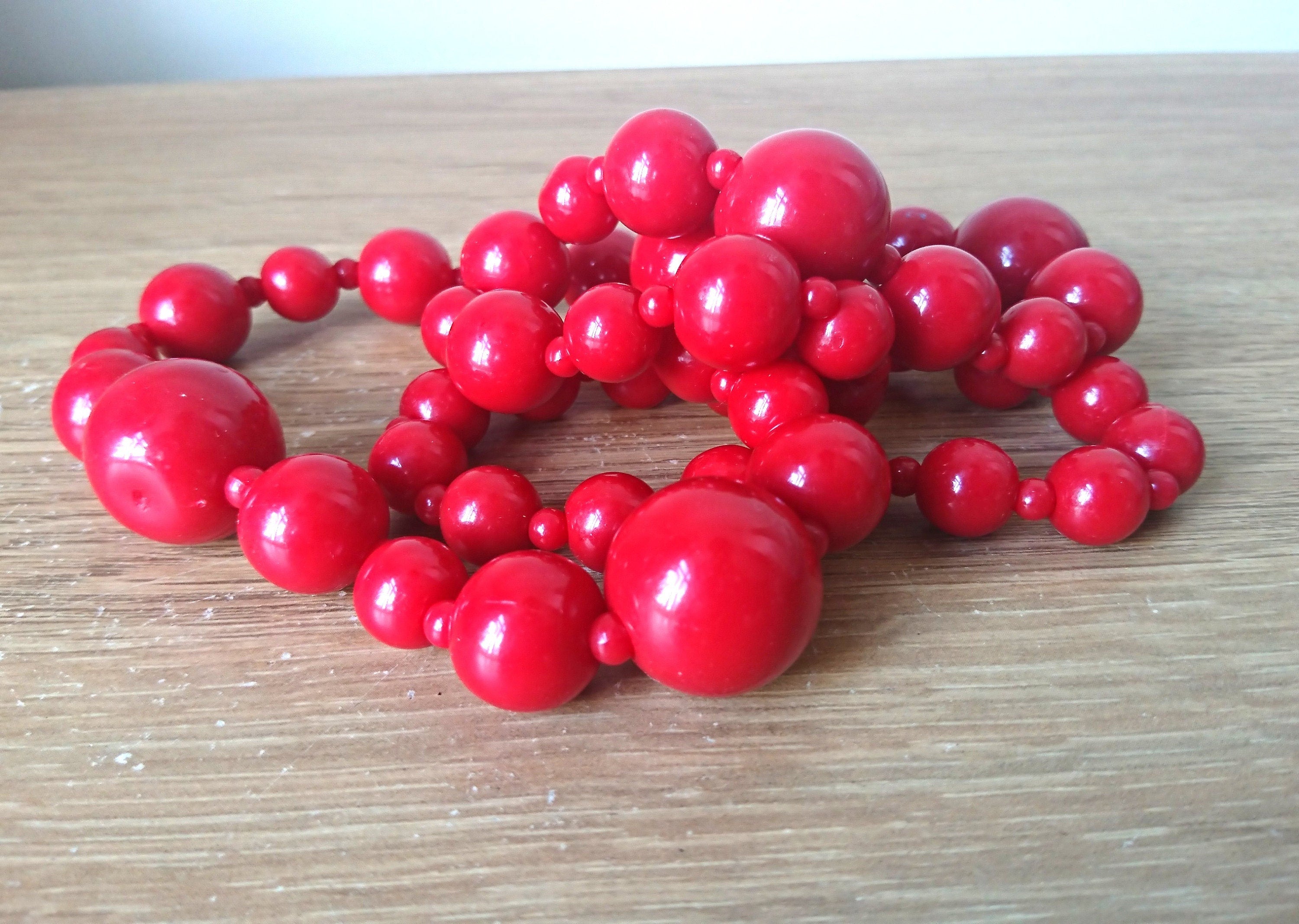 Vintage Red Cherry Bead Necklace, Long Retro Costume Jewelry