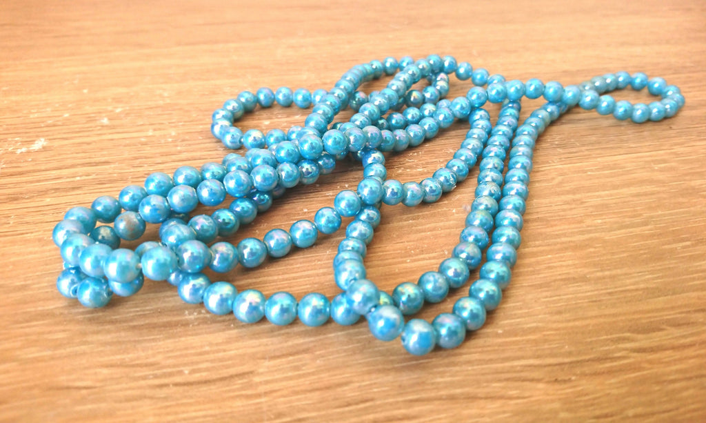 Vintage Lucite Blue Beaded Necklace Long Double Loop Retro 1970's Costume Jewellery Jewelry