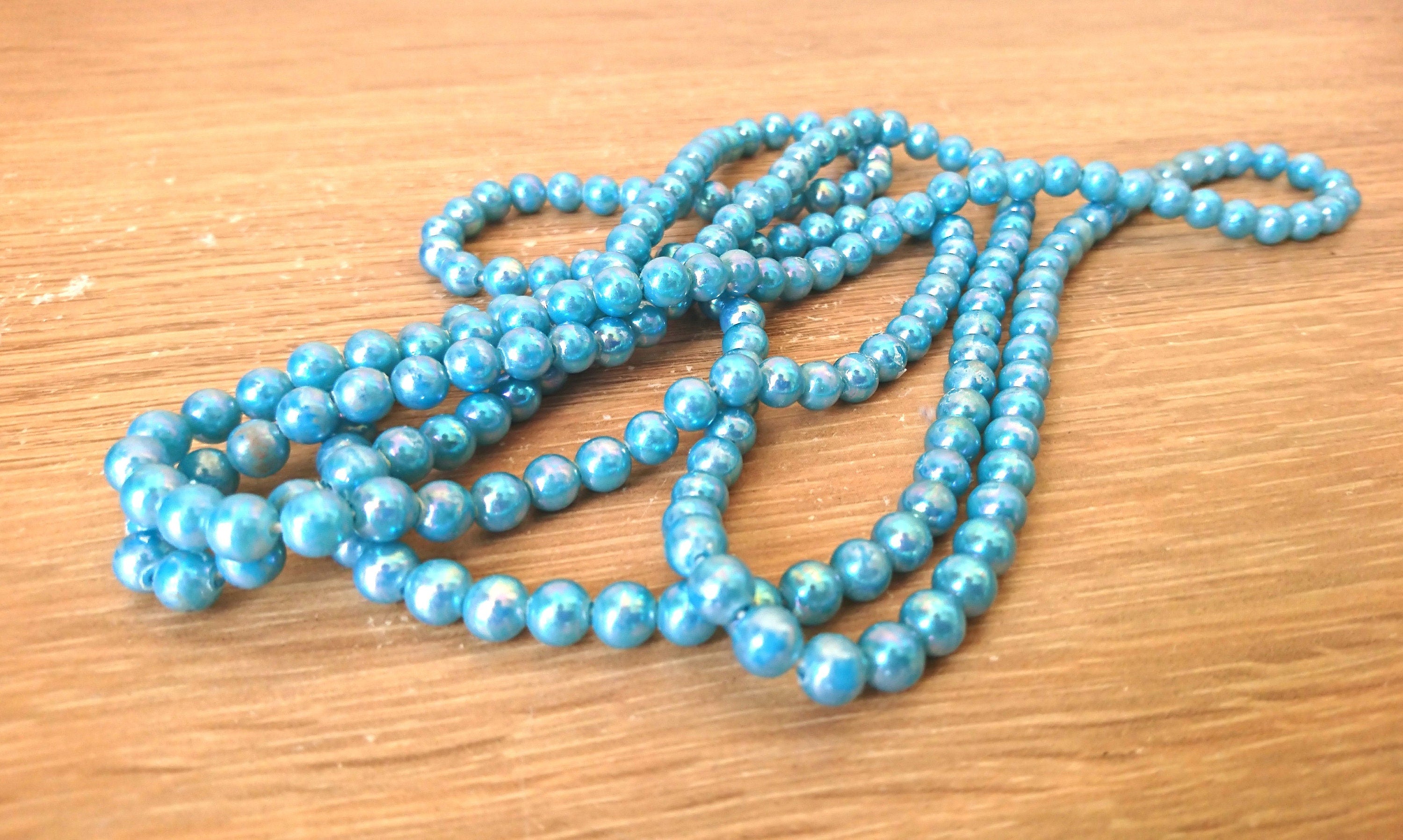 Vintage Lucite Blue Beaded Necklace Long Double Loop Retro 1970's Costume Jewellery Jewelry