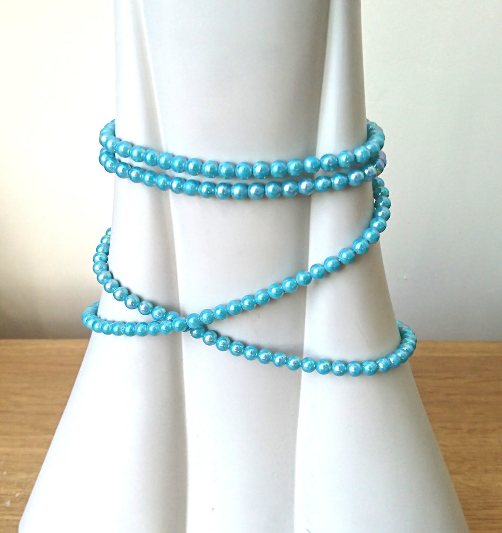 Vintage Lucite Blue Beaded Necklace Long Double Loop Retro 1970's Costume Jewellery Jewelry