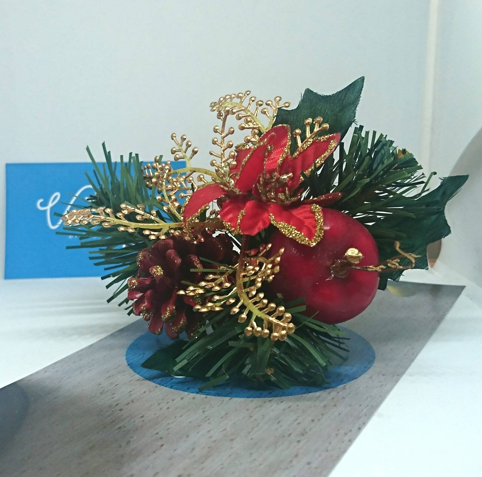 Vintage Christmas Floral Tree Decoration, Red Apple, Gold Leaf
