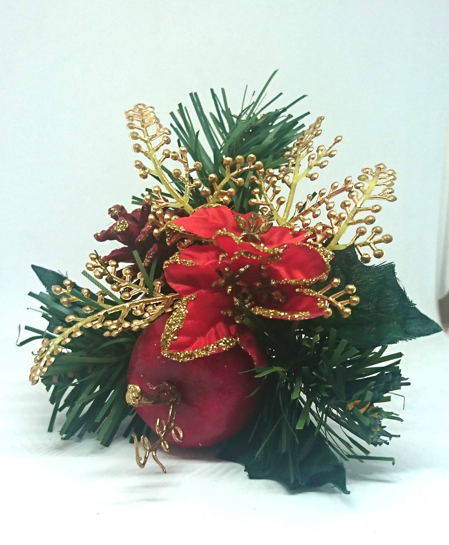 Vintage Christmas Floral Tree Decoration, Red Apple, Gold Leaf