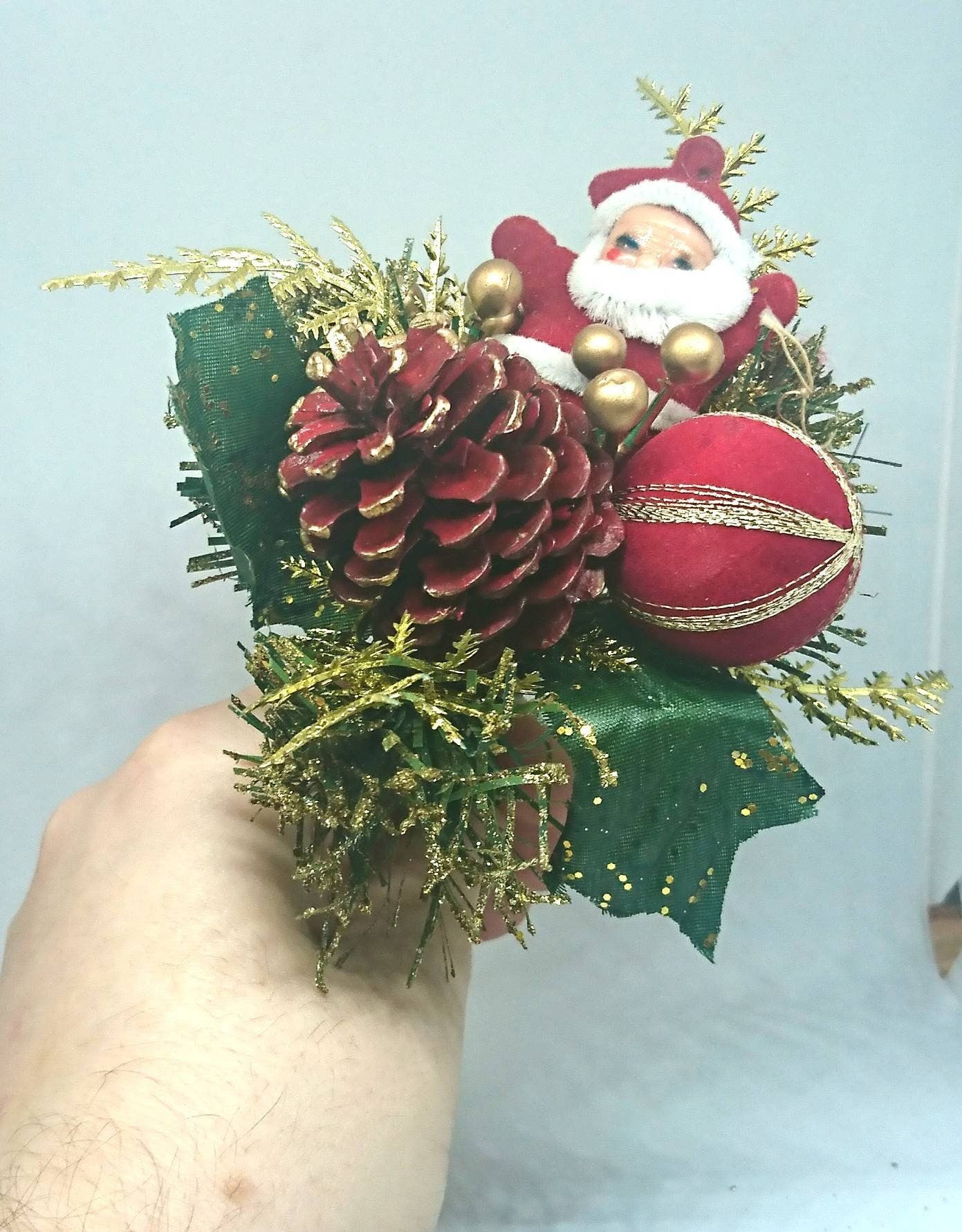 Vintage Posey Decoration Christmas Floral Arrangement Tree Decor Acorn, Gold Berries, Santa Claws