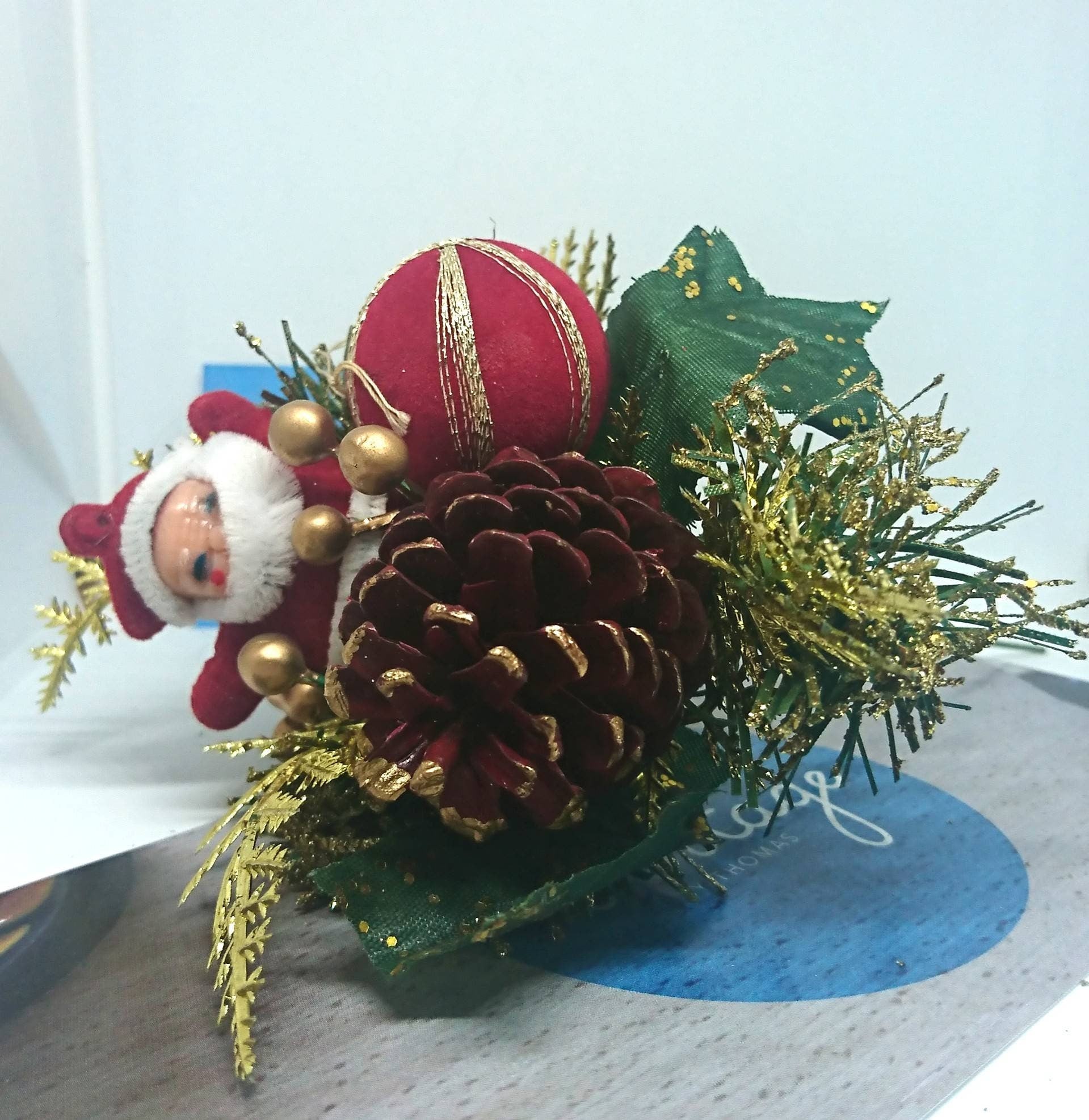 Vintage Posey Decoration Christmas Floral Arrangement Tree Decor Acorn, Gold Berries, Santa Claws