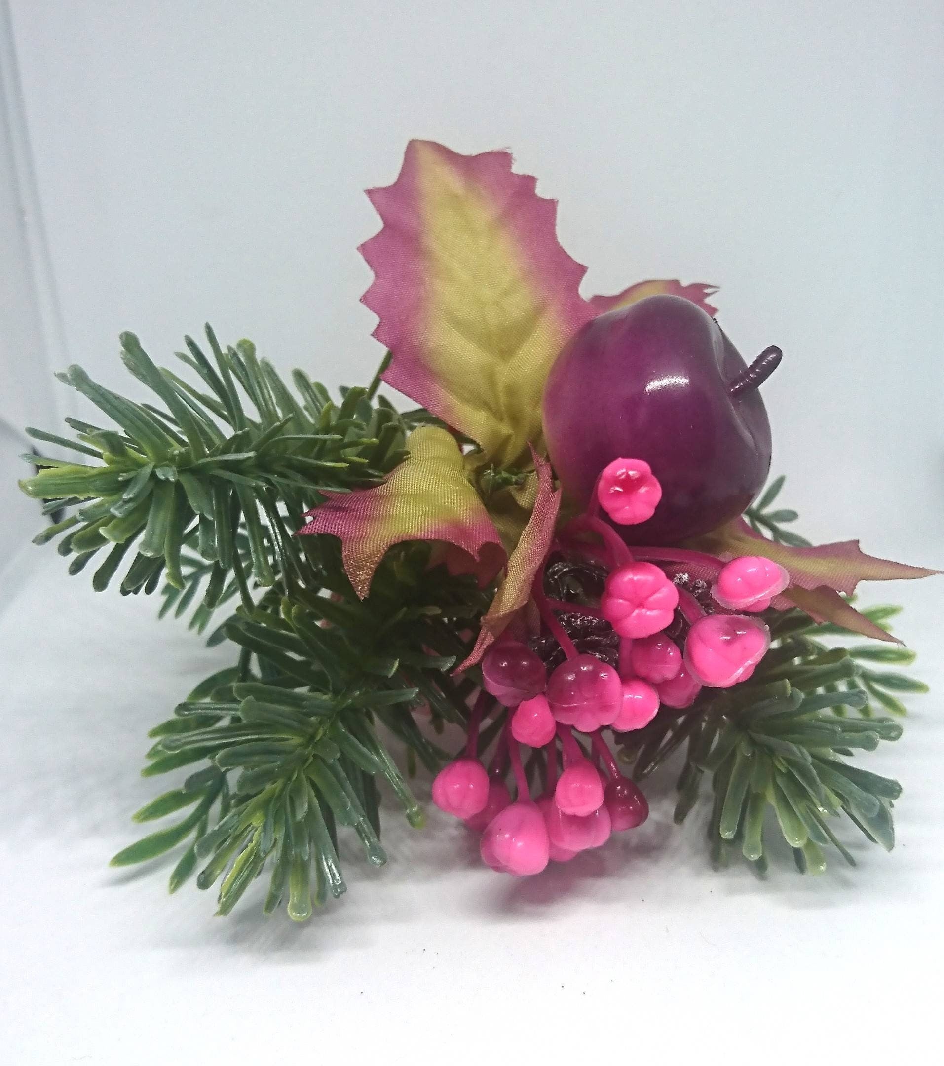 Vintage Posey Decoration Christmas Floral Arrangement Tree Decor Acorn, Pink Berries, Purple Apple.