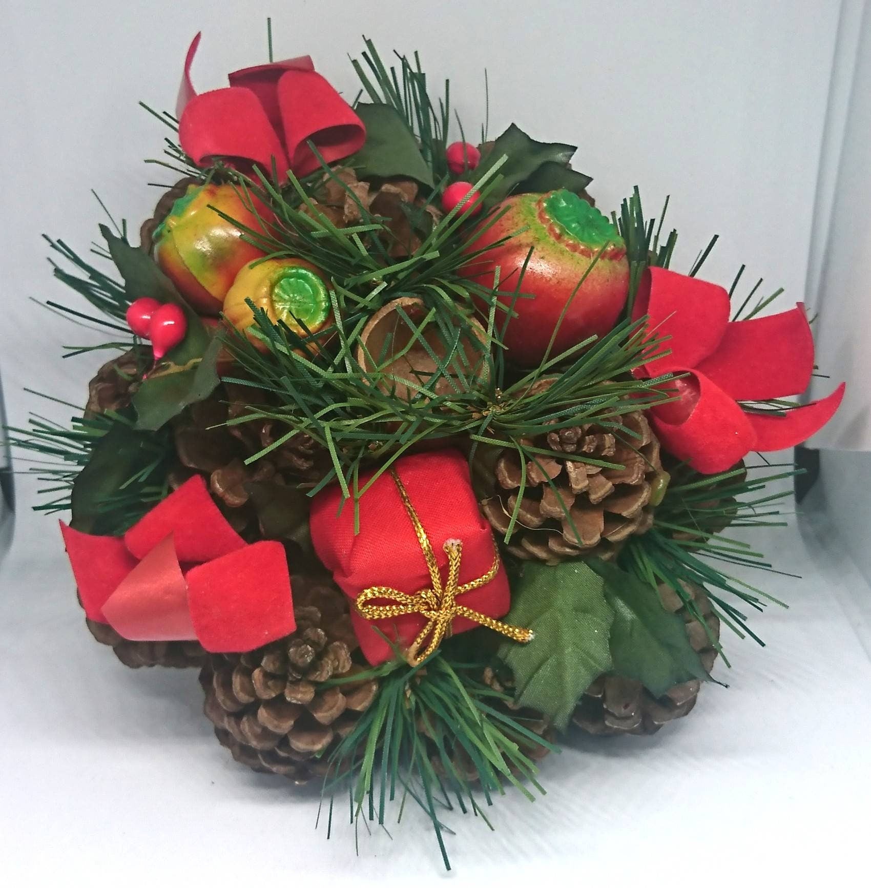 Vintage Christmas Acorn Candleholder Xmas Decor Decorative Holder Red Ribbons, Apple, Berries, Floral Arrangement