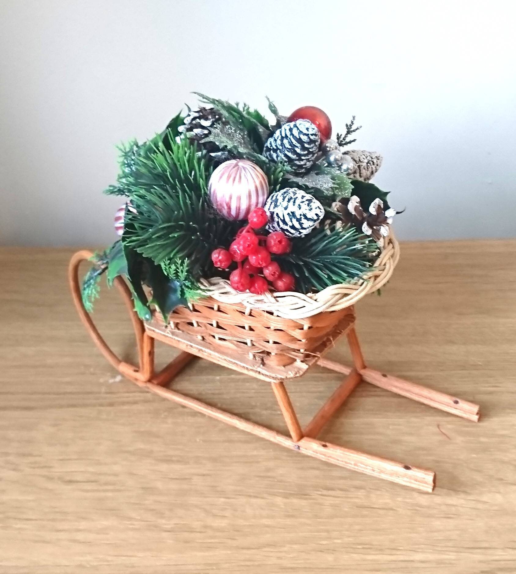 Vintage Christmas Wicker Sleigh Decoration, Floral Berry Bauble Basket