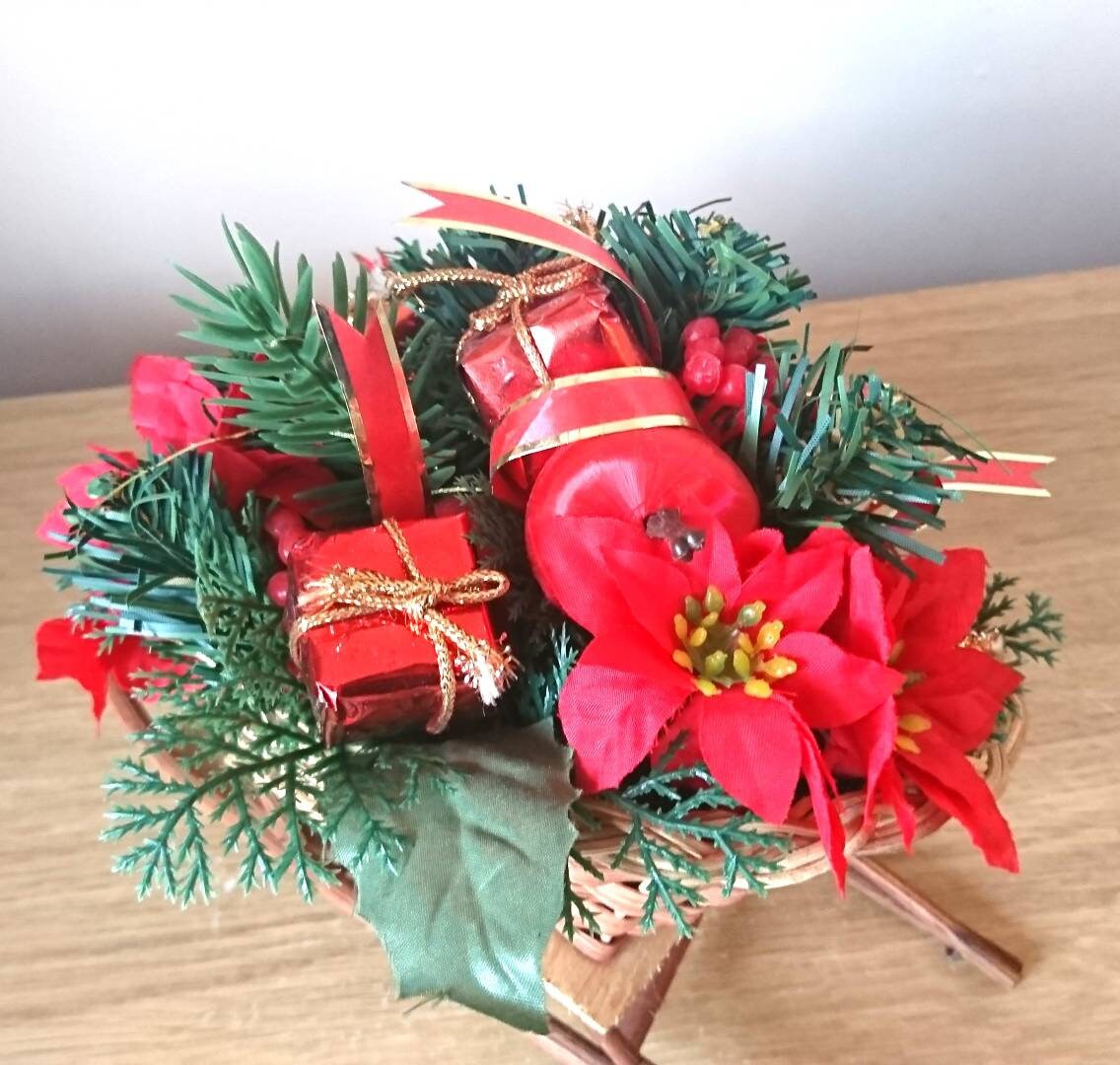 Vintage Floral Christmas Wicker Sleigh Decoration, Red Berries