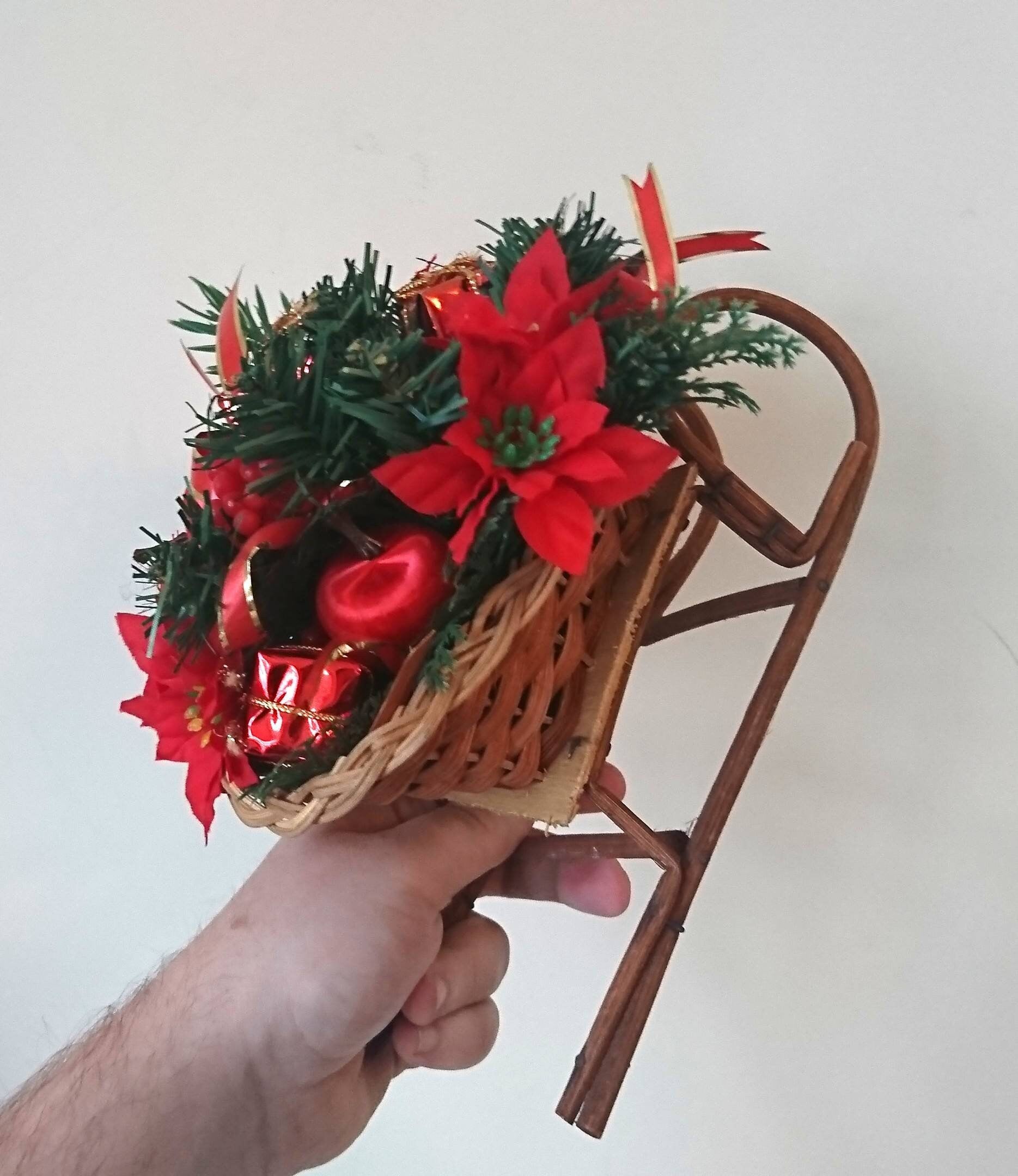 Vintage Floral Christmas Wicker Sleigh Decoration, Red Berries