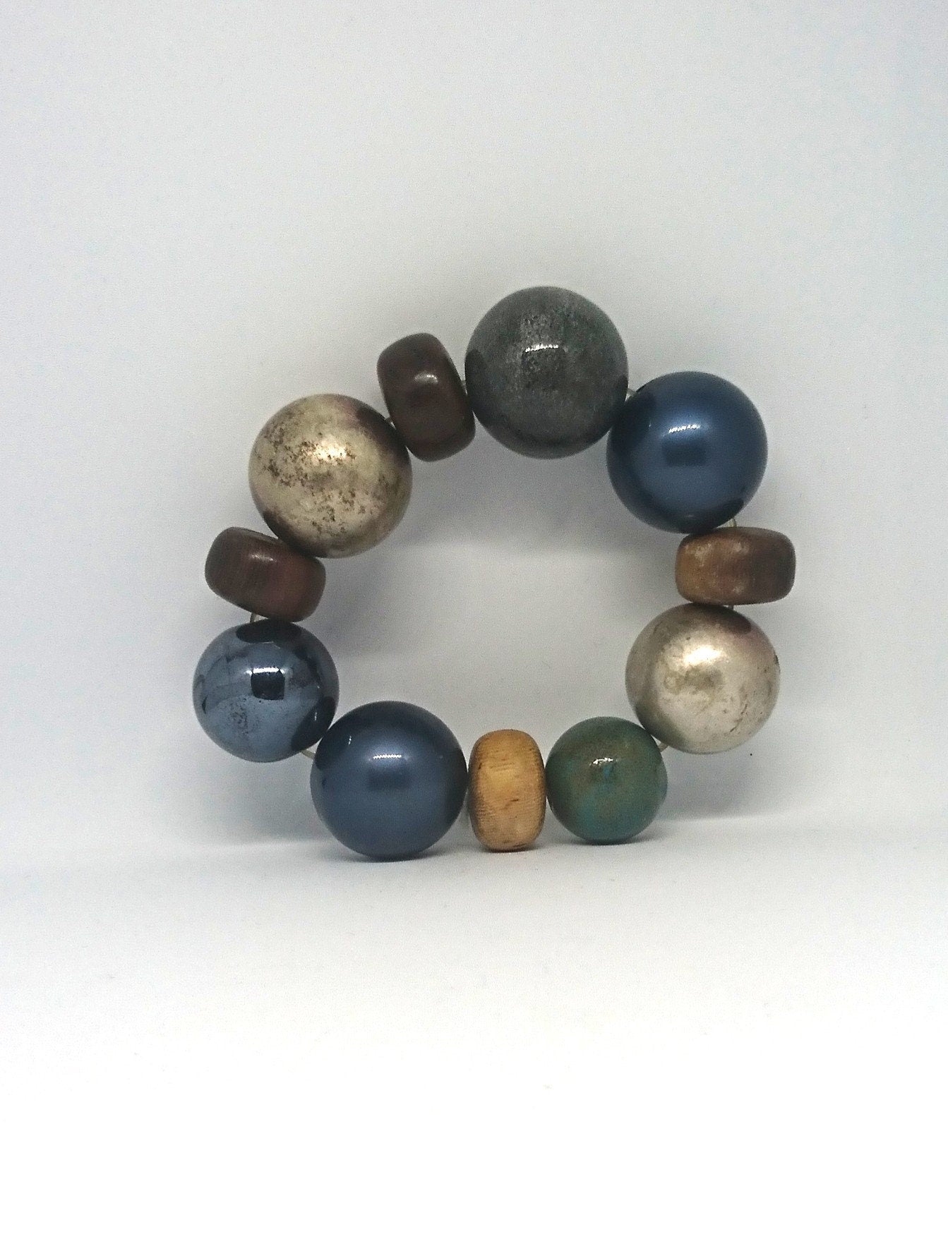 Vintage Chunky Beaded Bracelet, Wood, Ceramic, Lucite, Boho Style
