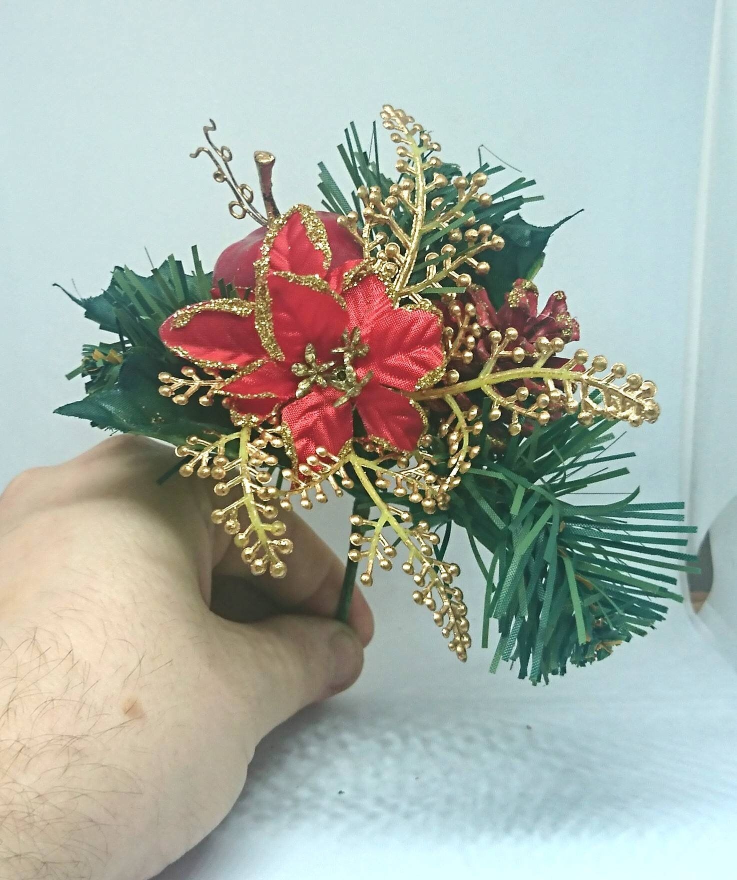 Vintage Christmas Floral Tree Decoration, Red Apple, Gold Leaf