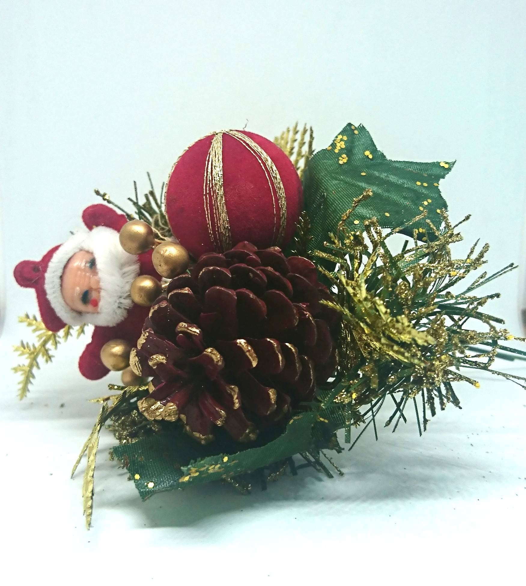 Vintage Posey Decoration Christmas Floral Arrangement Tree Decor Acorn, Gold Berries, Santa Claws