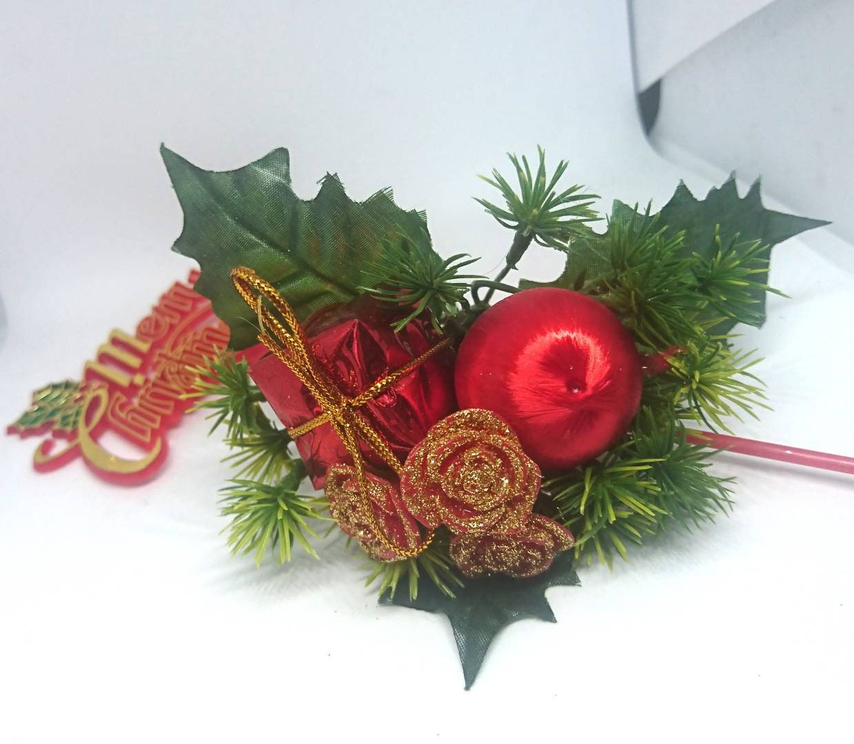 Vintage Christmas Floral Arrangement, Gold Berries, Tree Decor