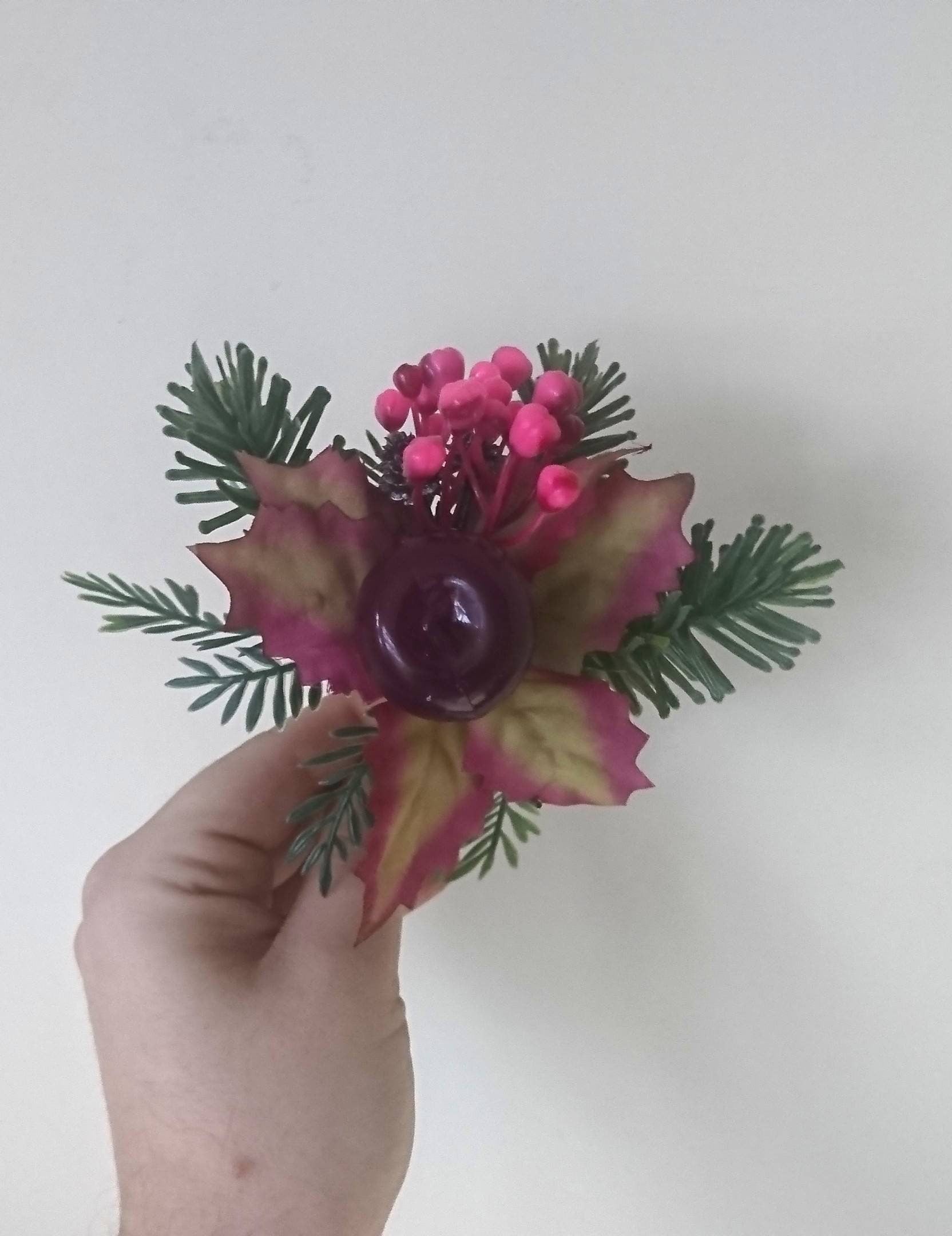 Vintage Posey Decoration Christmas Floral Arrangement Tree Decor Acorn, Pink Berries, Purple Apple.