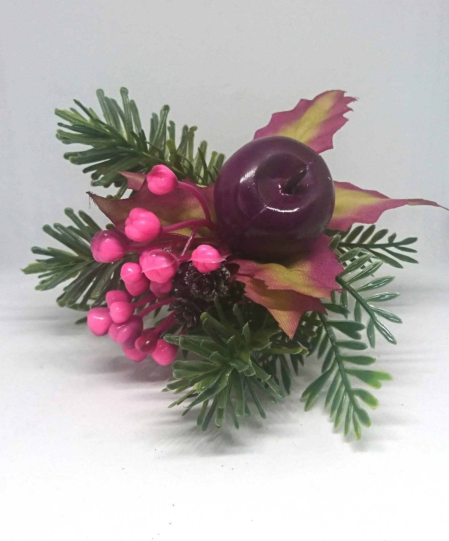 Vintage Posey Decoration Christmas Floral Arrangement Tree Decor Acorn, Pink Berries, Purple Apple.
