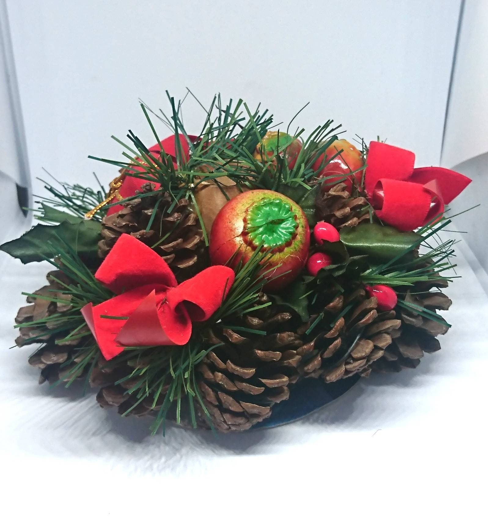 Vintage Christmas Acorn Candleholder Xmas Decor Decorative Holder Red Ribbons, Apple, Berries, Floral Arrangement