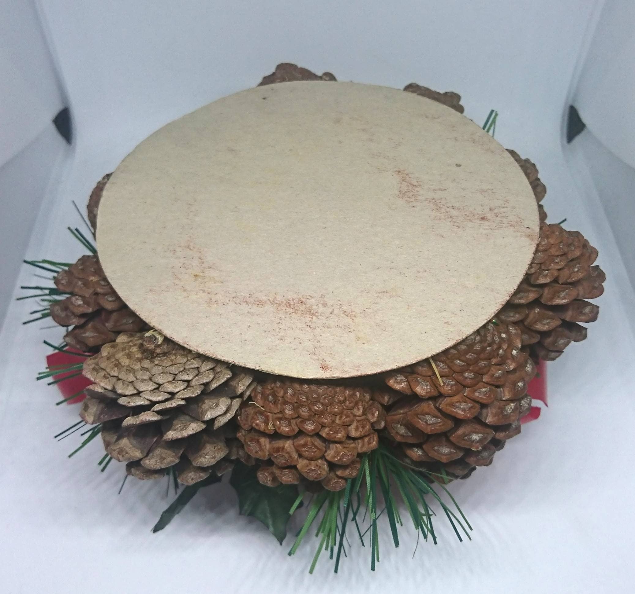 Vintage Christmas Acorn Candleholder Xmas Decor Decorative Holder Red Ribbons, Apple, Berries, Floral Arrangement