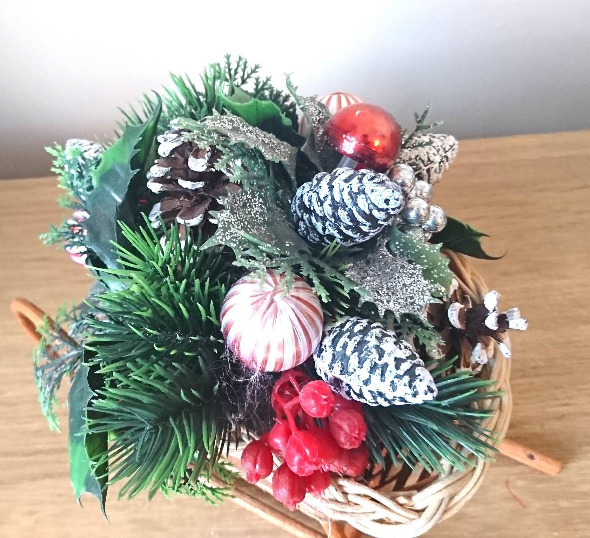 Vintage Christmas Wicker Sleigh Decoration, Floral Berry Bauble Basket